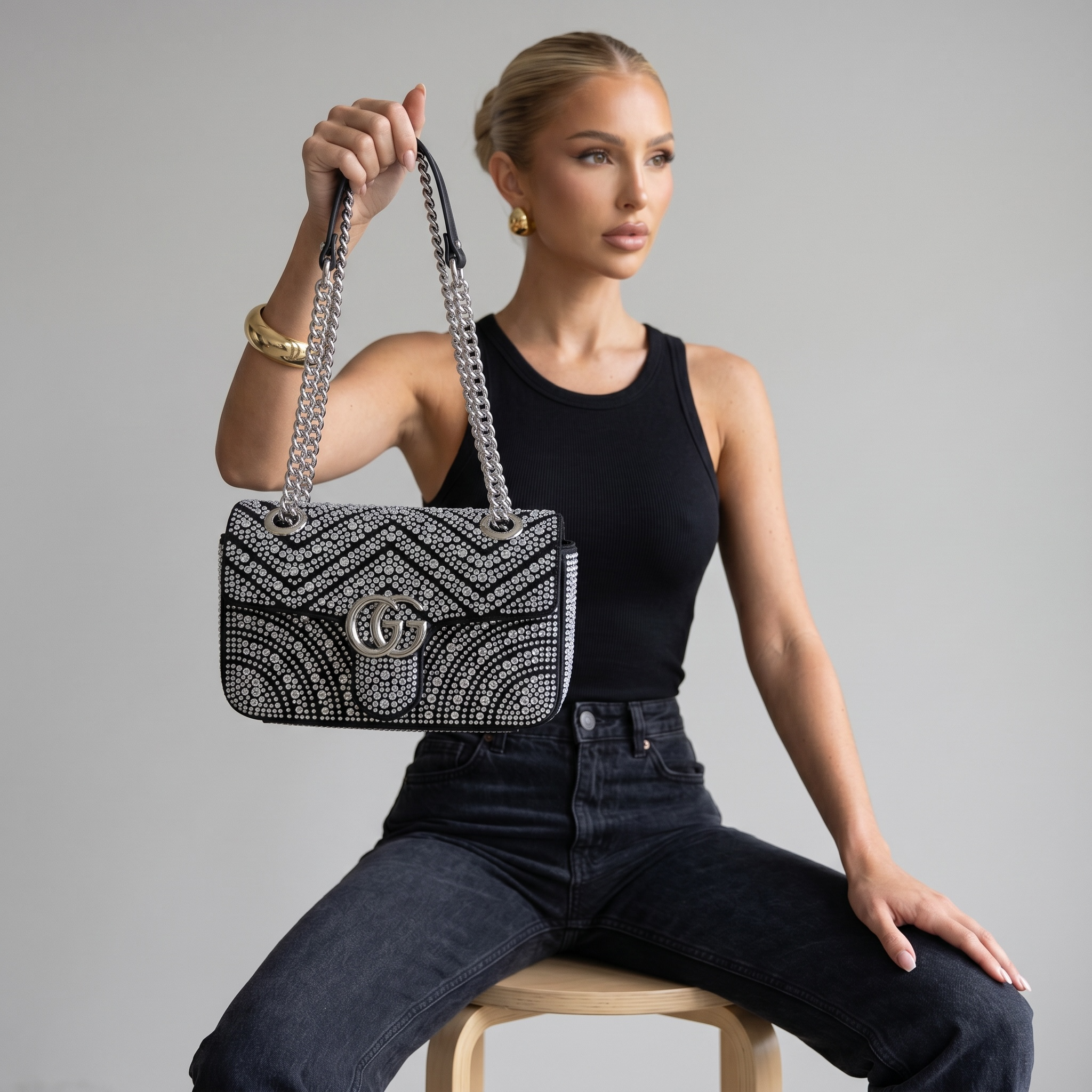 ✨ Gucci GG Marmont Crystal Embellished Shoulder Bag – Black Diamond Edition ✨