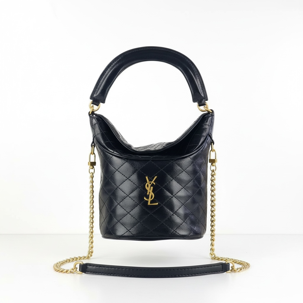 Saint Laurent Quilted Leather Bucket Bag with Gold Chain
