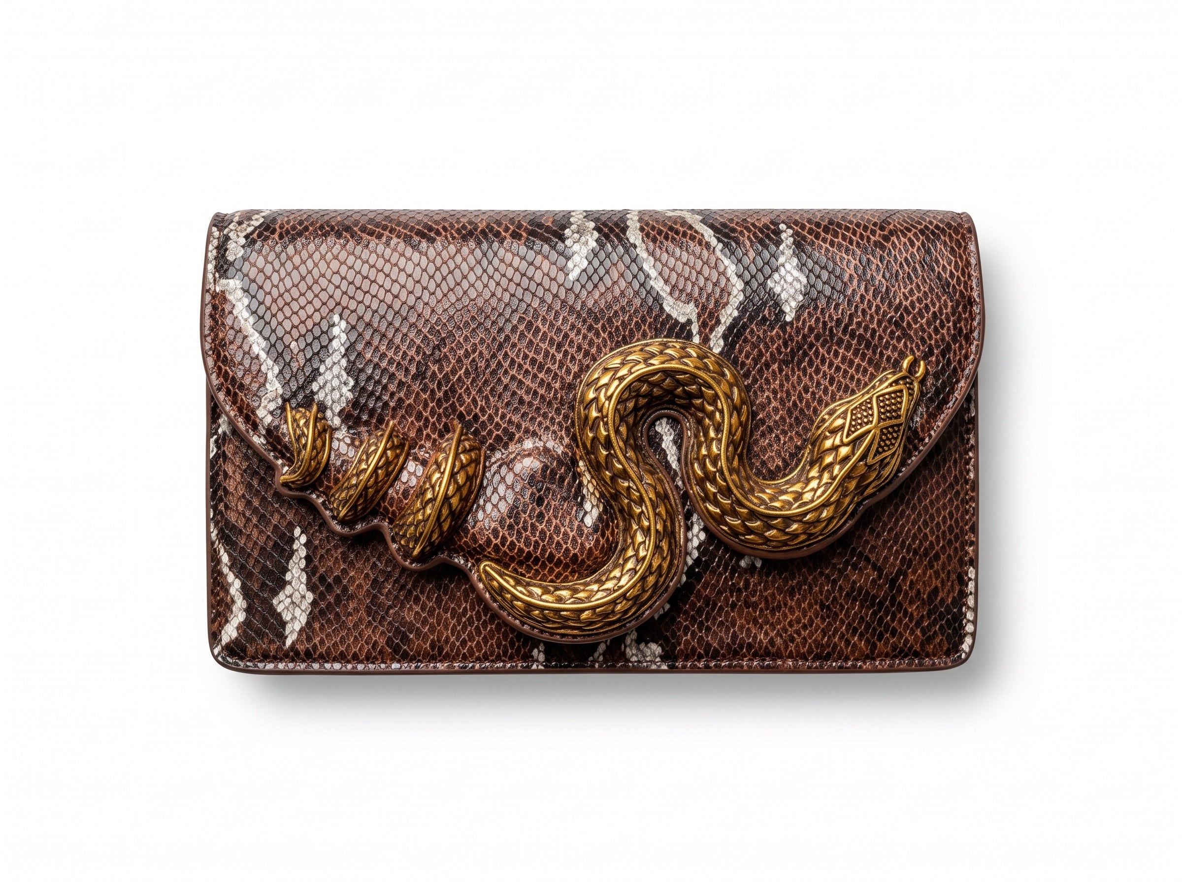 Brown snake-print clutch with gold snake-shaped hardware