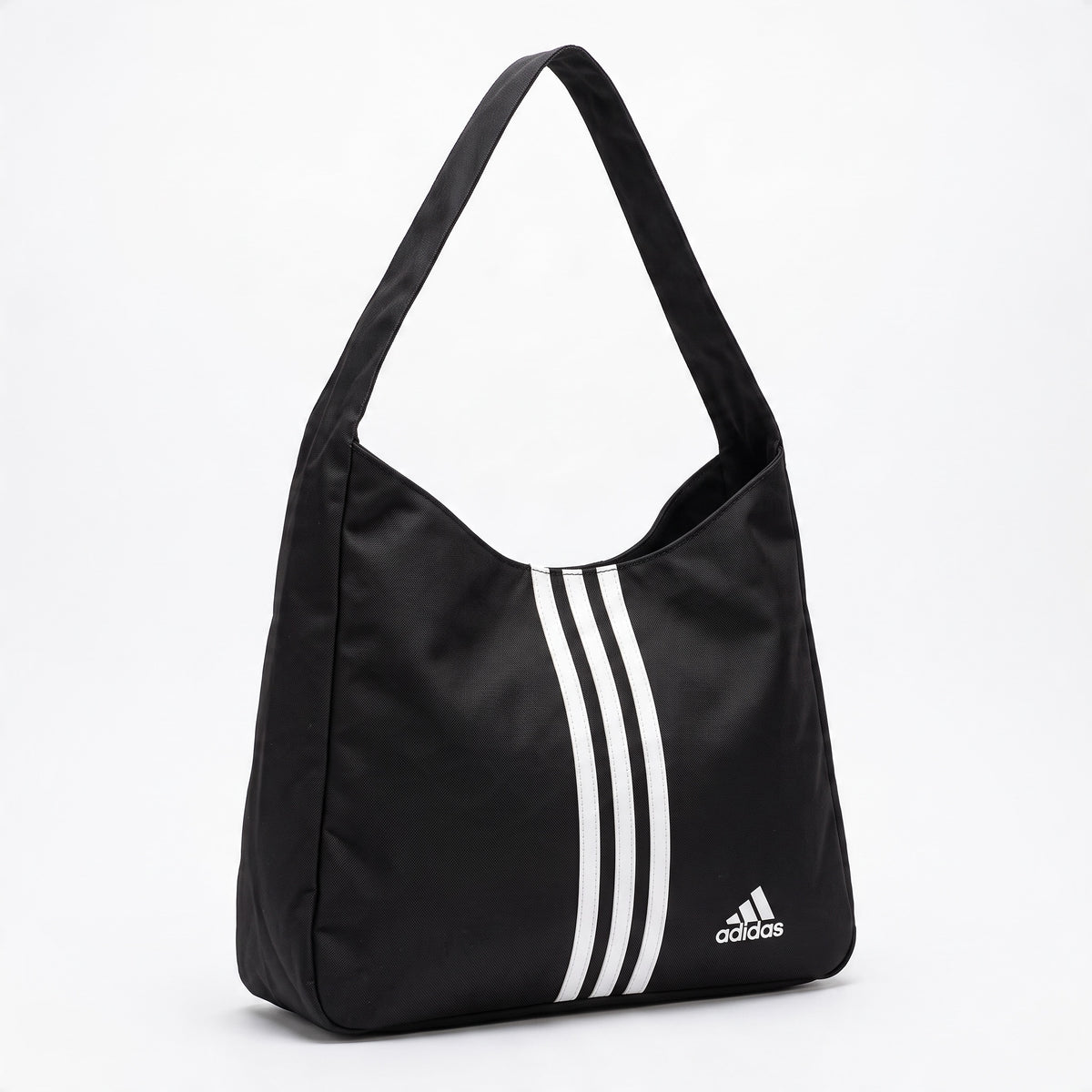 Black Adidas tote bag with three white stripes and shoulder strap