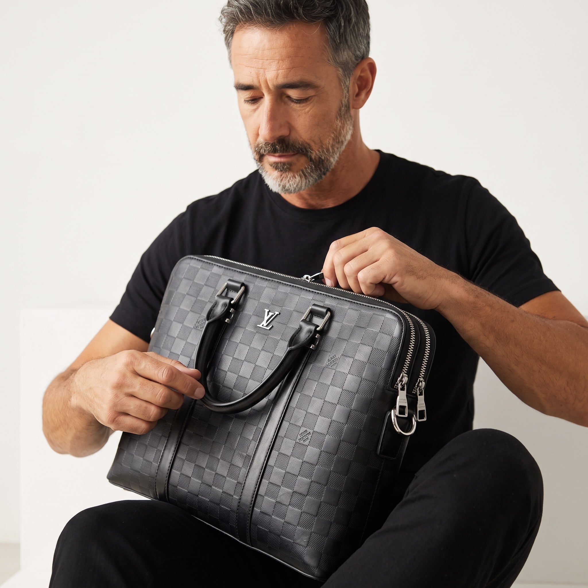 Man holding a black Louis Vuitton Damier briefcase with LV logo and silver zippers