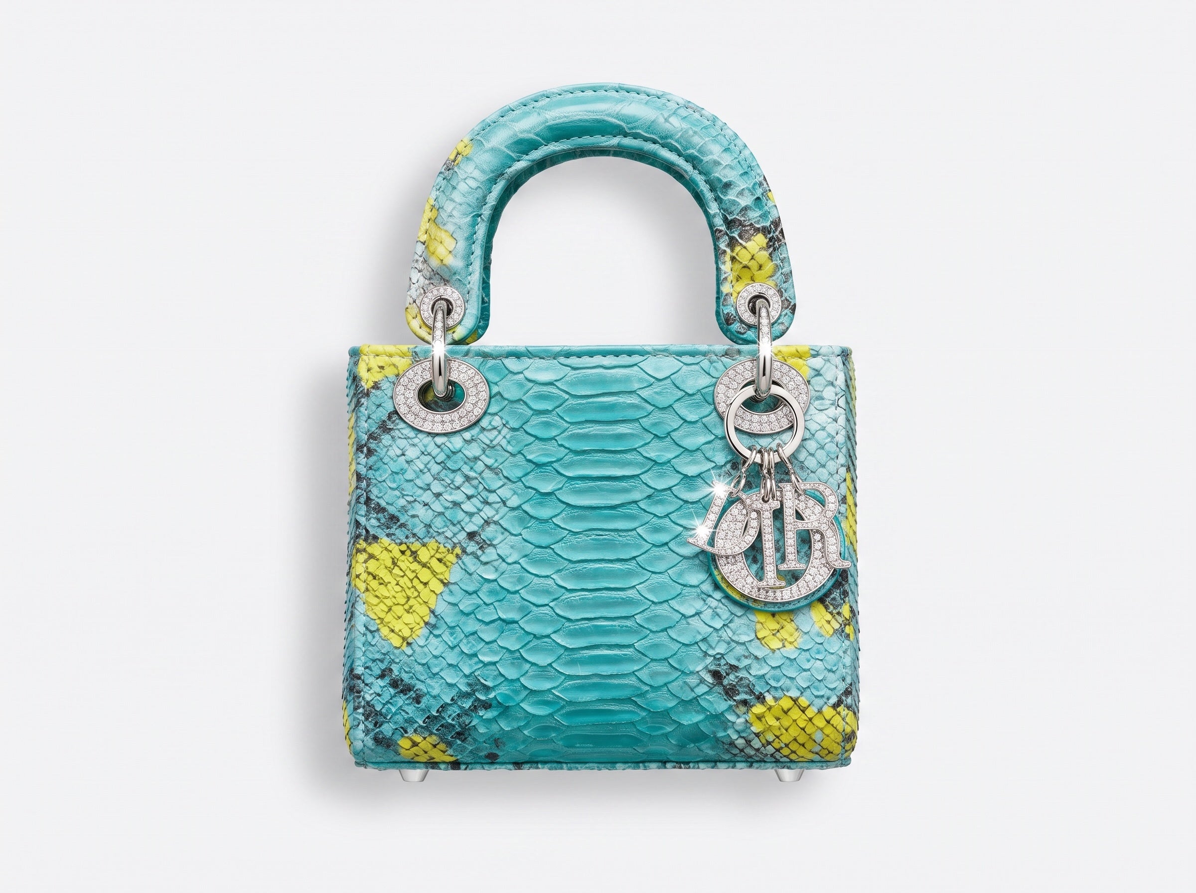 turquoise mini Lady Dior top-handle bag with silver pavé charms and python texture