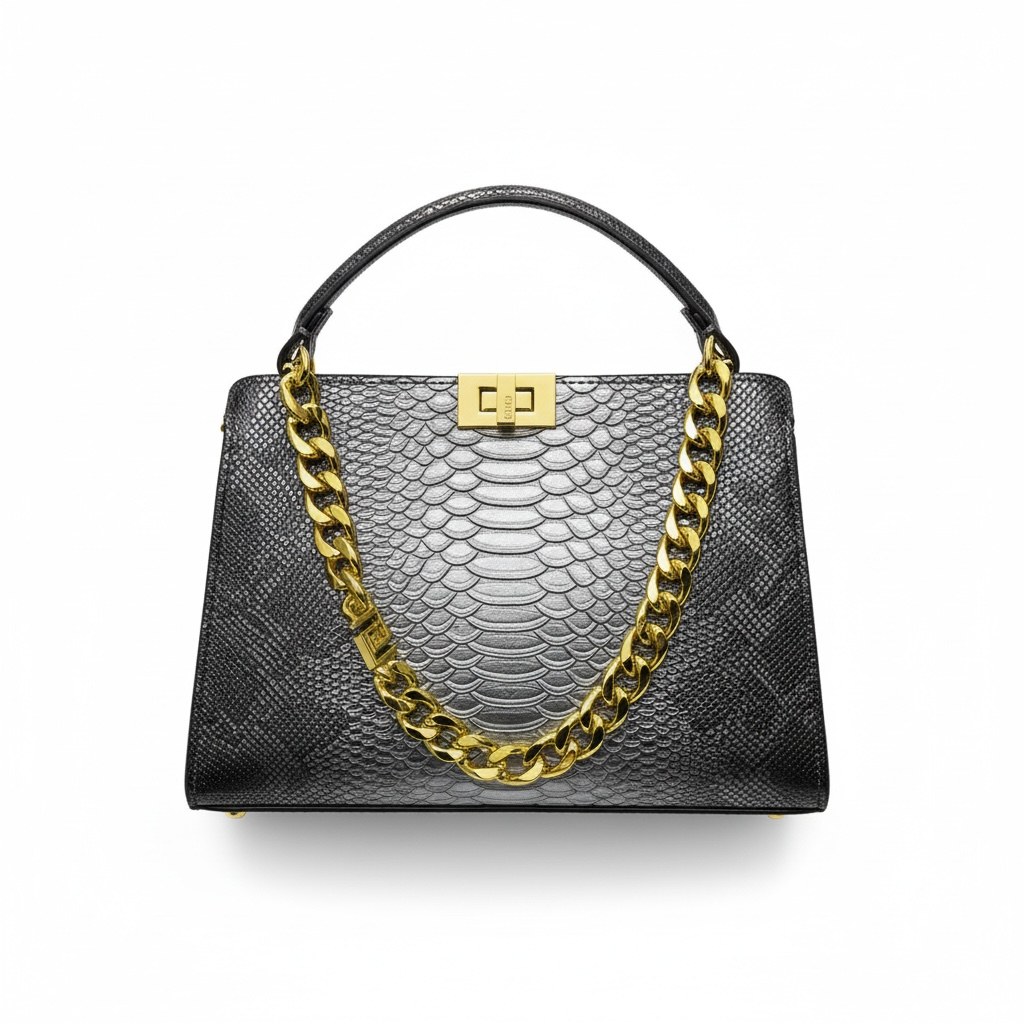 Fendi Snake-Embossed Black Handbag 🖤✨ | Luxury Chain Statement Bag