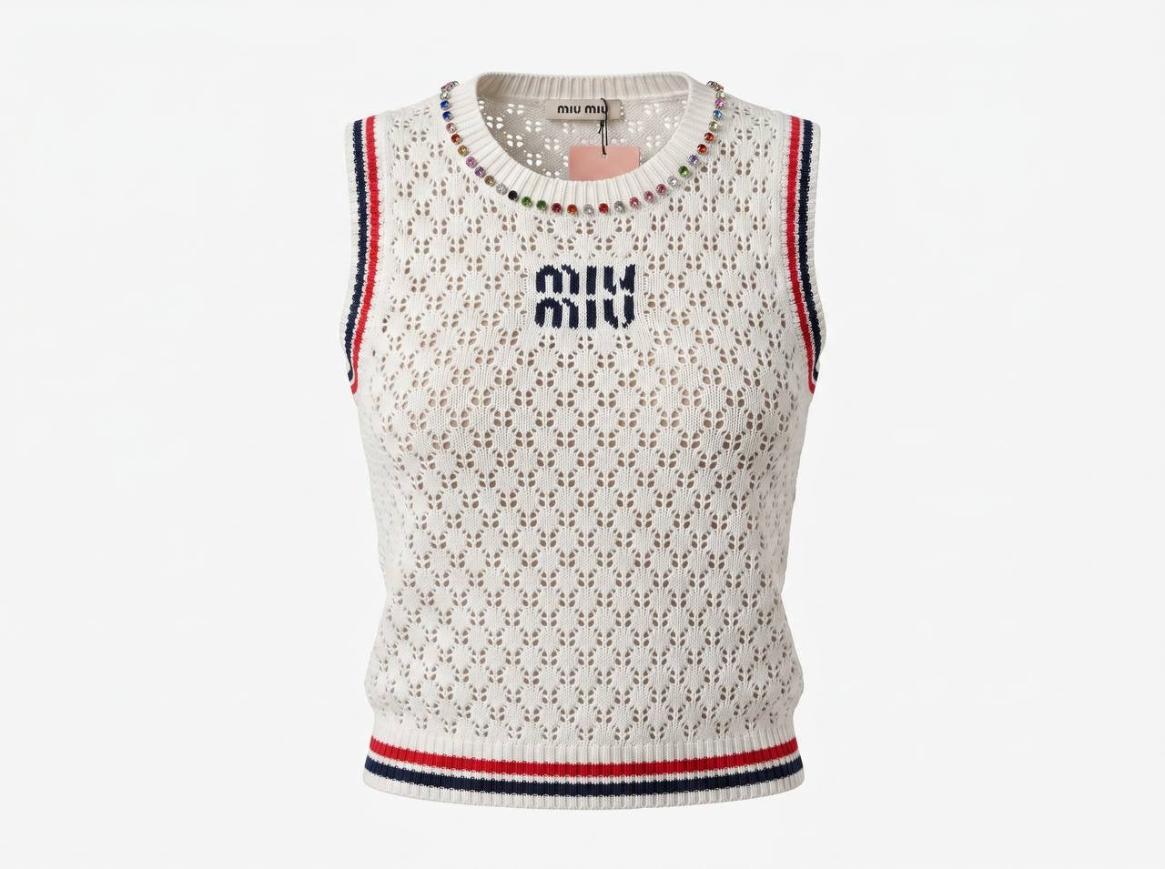 Miu Miu White Crochet Knit Sleeveless Top with Crystal Neckline ๐คโจ