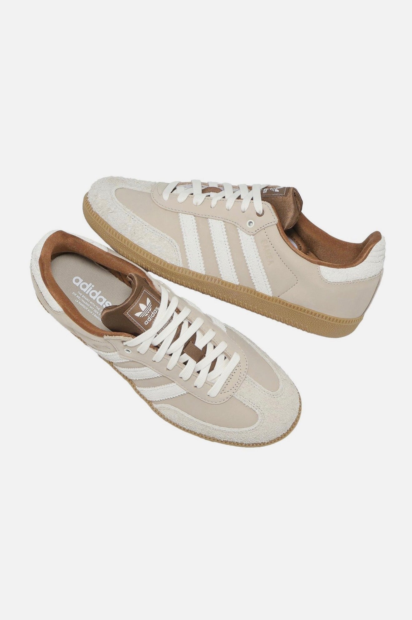 Adidas Samba low-top sneaker in chalk beige with off-white stripes and gum sole