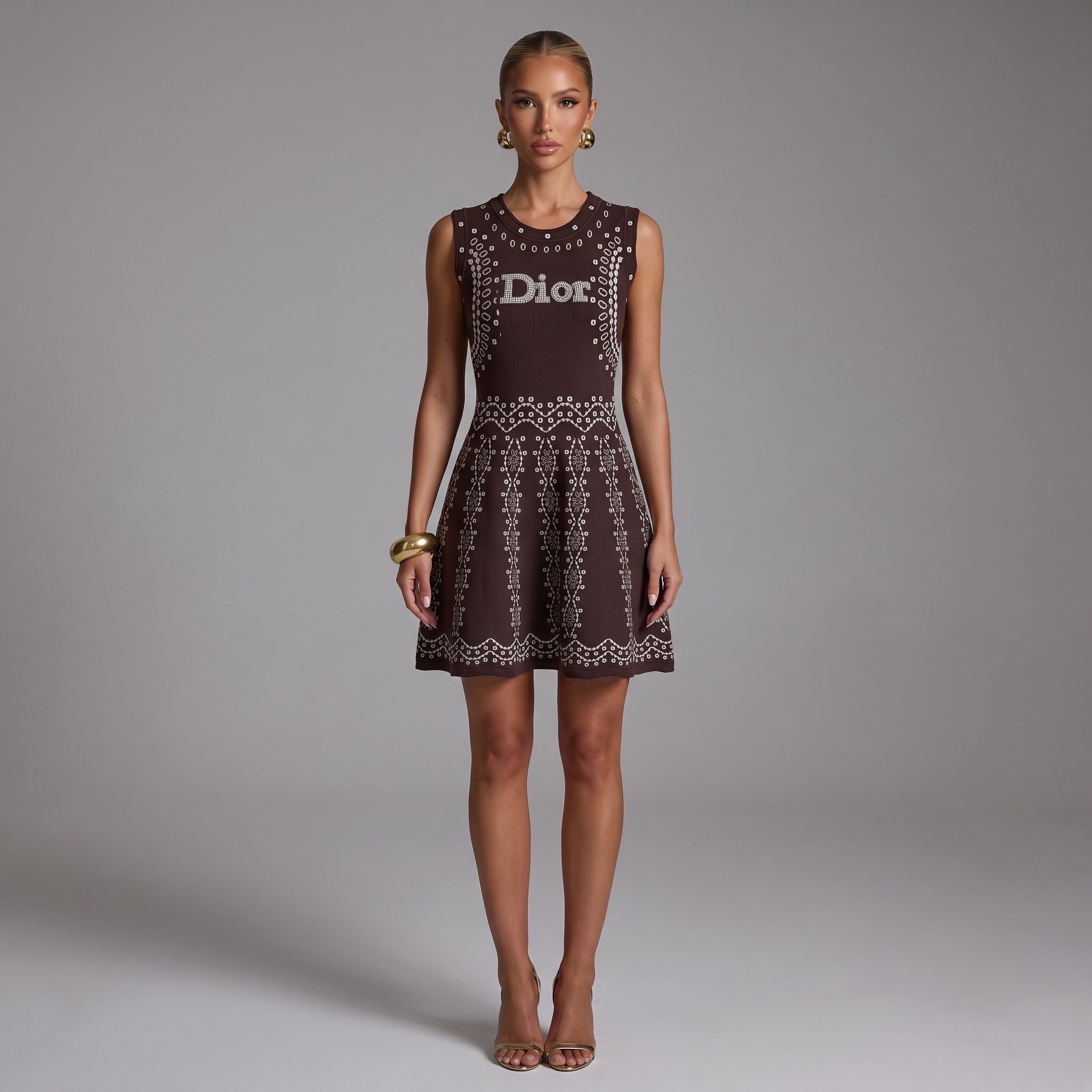 Sleeveless brown Dior knit dress with white bandana motif and logo