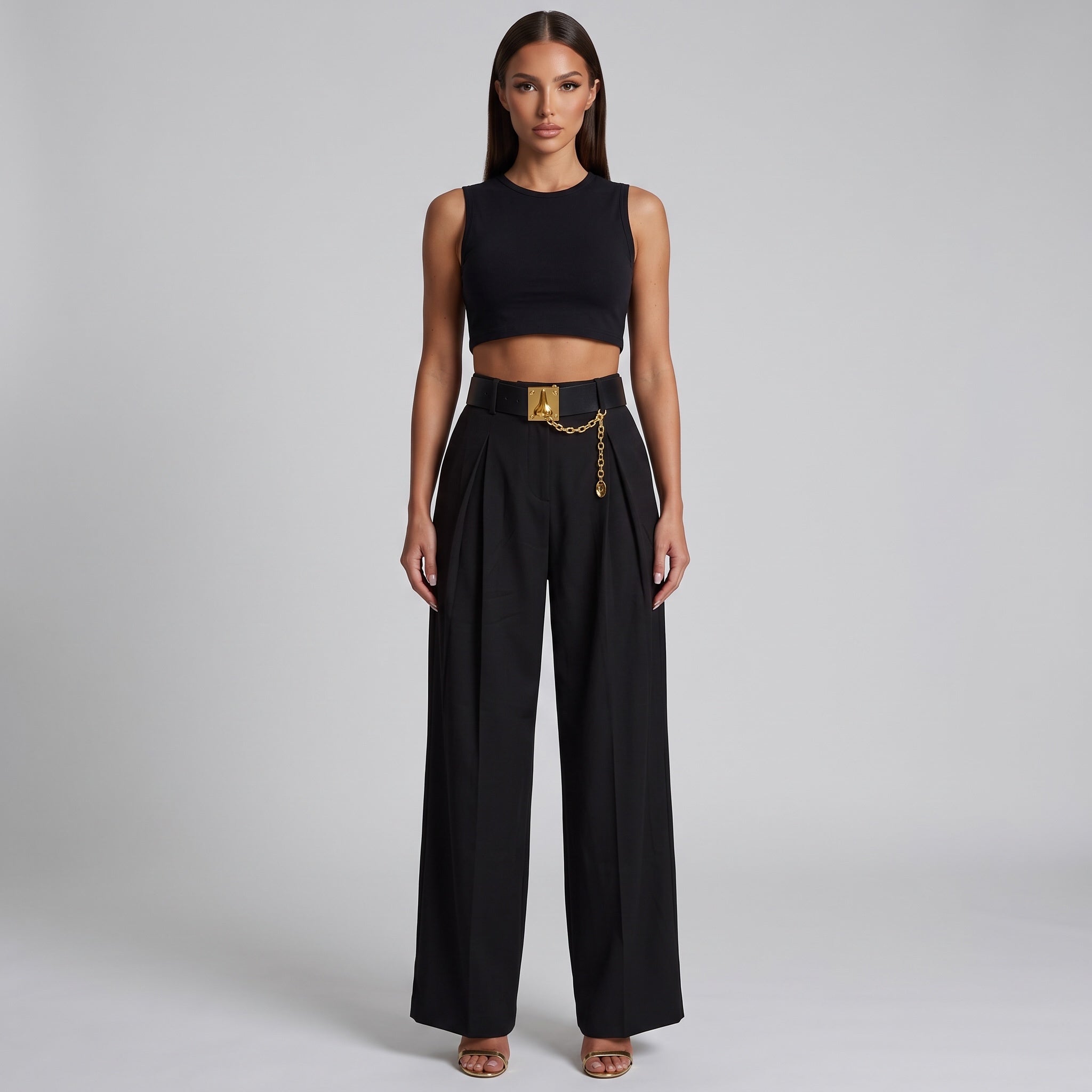 black sleeveless cropped tank top with crew neck