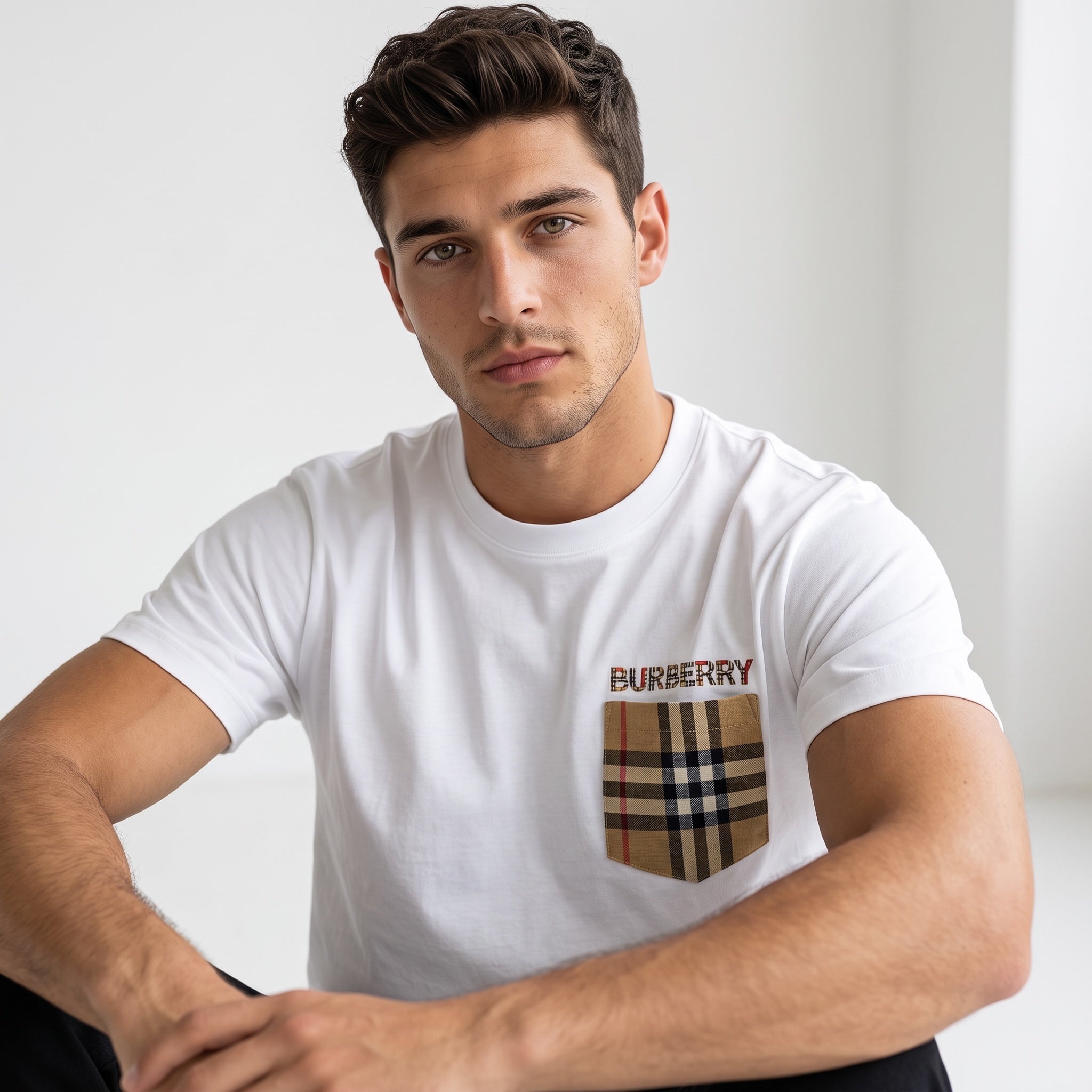 White Burberry t-shirt with checked chest pocket and BURBERRY logo