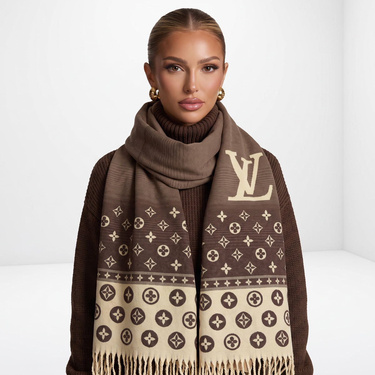 Brown and beige Louis Vuitton monogram scarf with fringed ends draped over shoulders