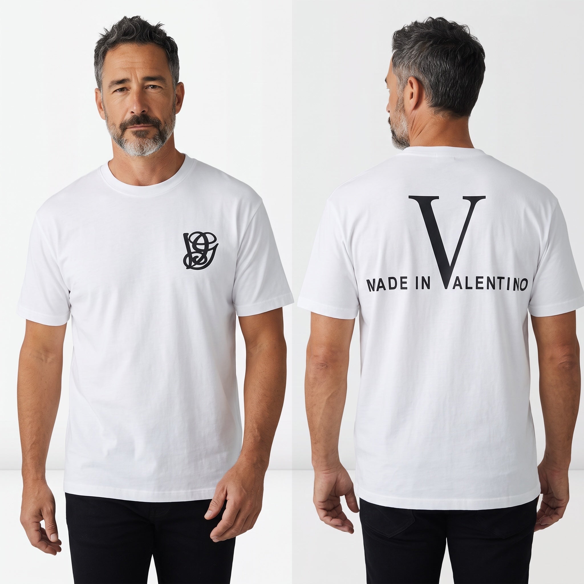 White Valentino T-shirt with small black chest monogram and large black V with MADE IN VALENTINO on back