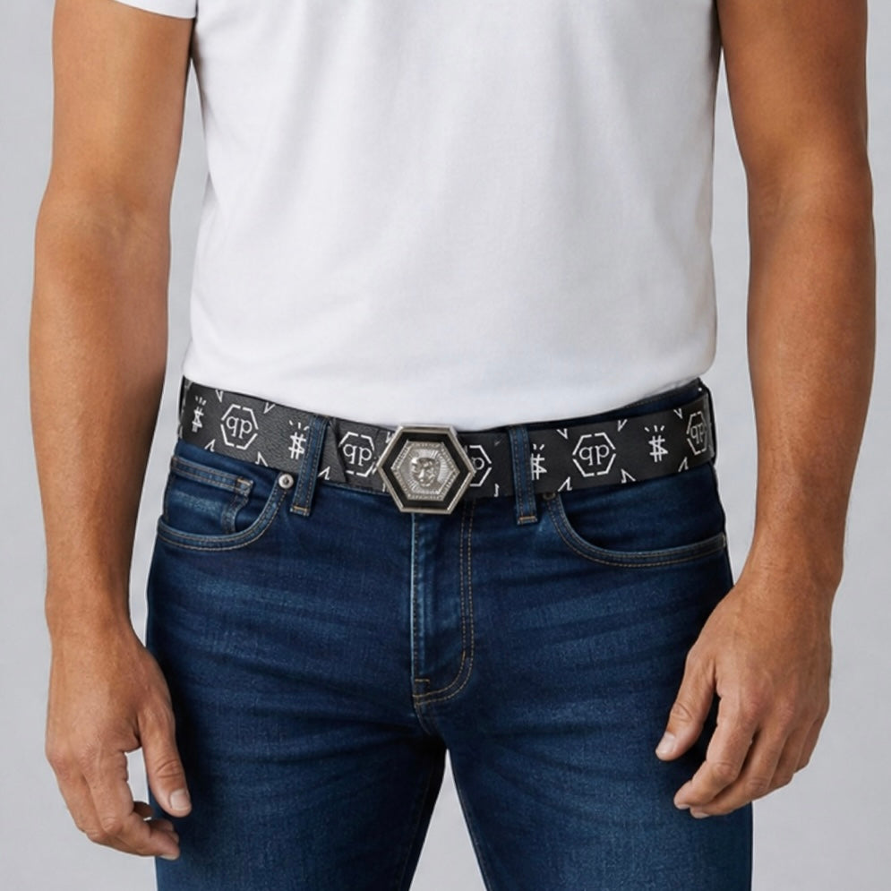 Black Philipp Plein belt with repeating logo print and hexagonal skull buckle