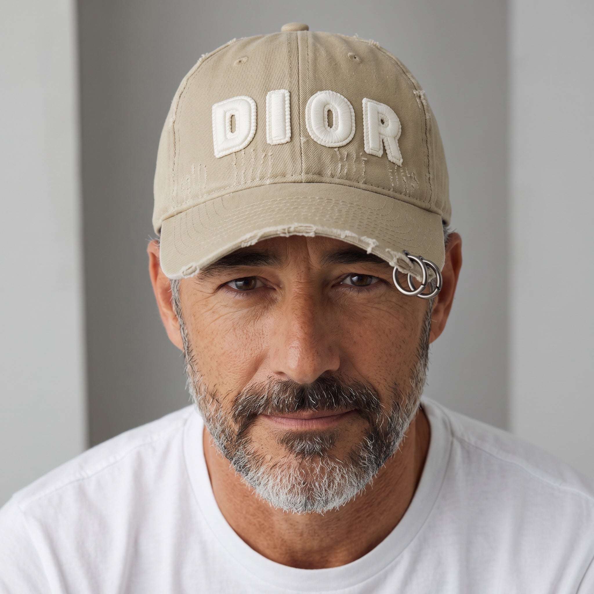 Man wearing a beige distressed Dior baseball cap with embroidered logo and ring hardware on brim