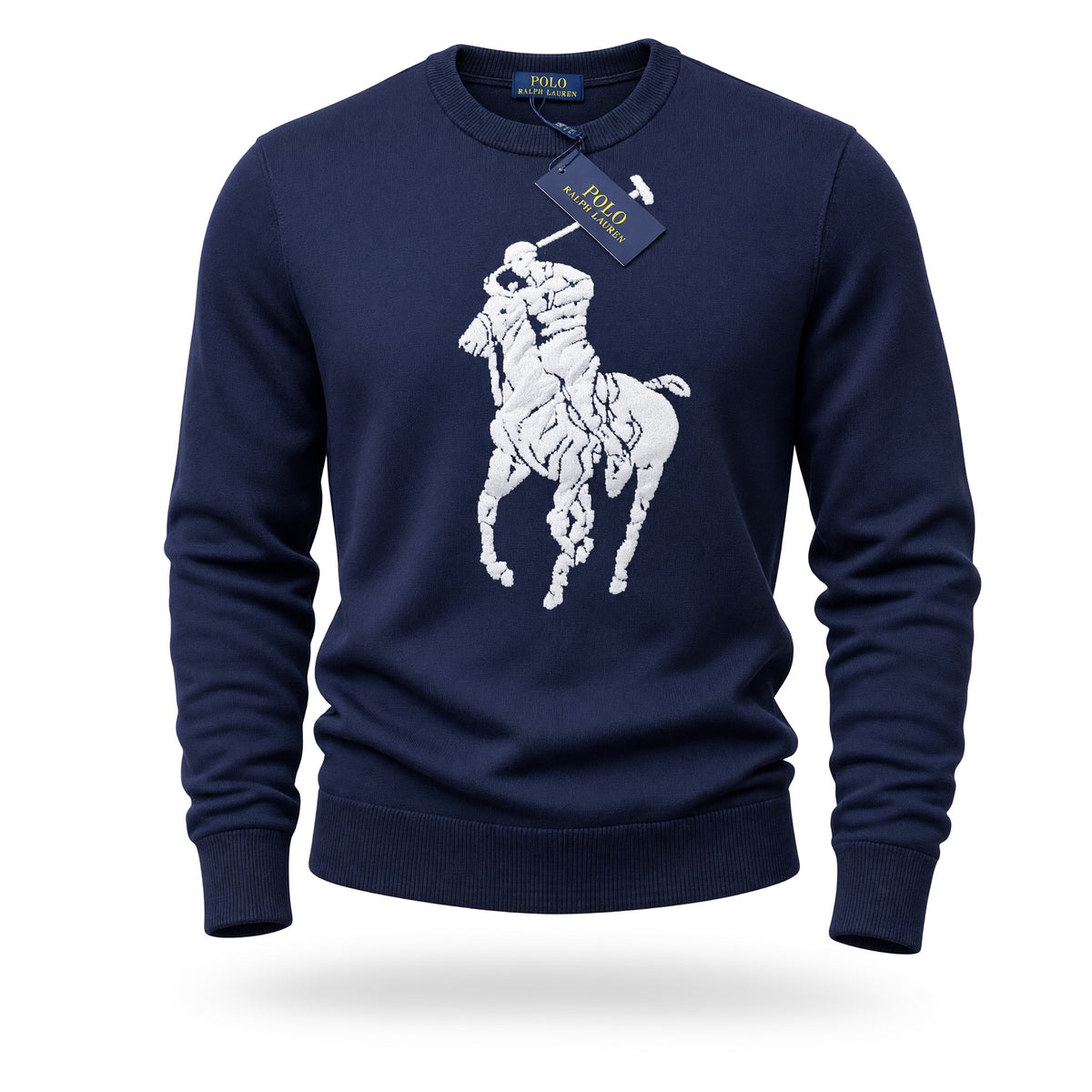 Navy Polo Ralph Lauren crewneck sweatshirt with large white Big Pony logo