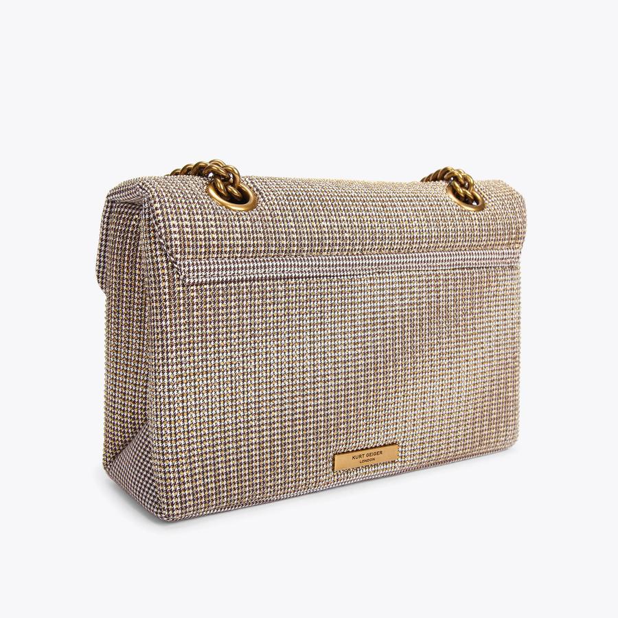 Kurt Geiger brown houndstooth shoulder bag with double chain strap and bird-head clasp