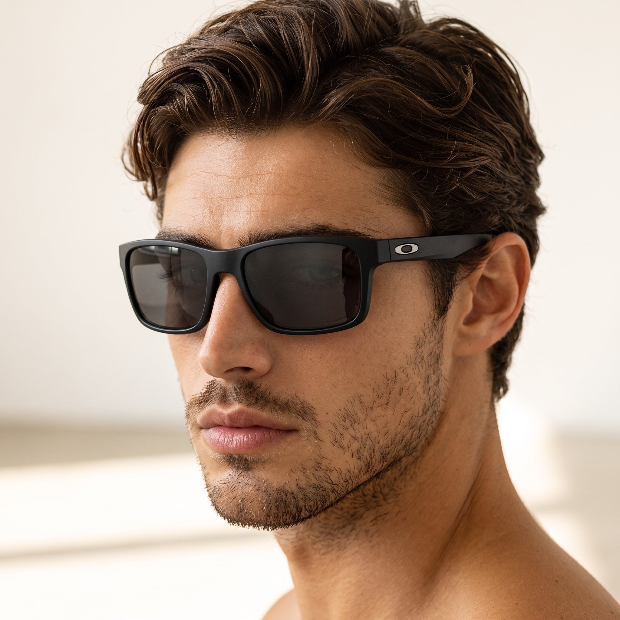 Oakley matte black rectangular sunglasses with dark lenses on male model