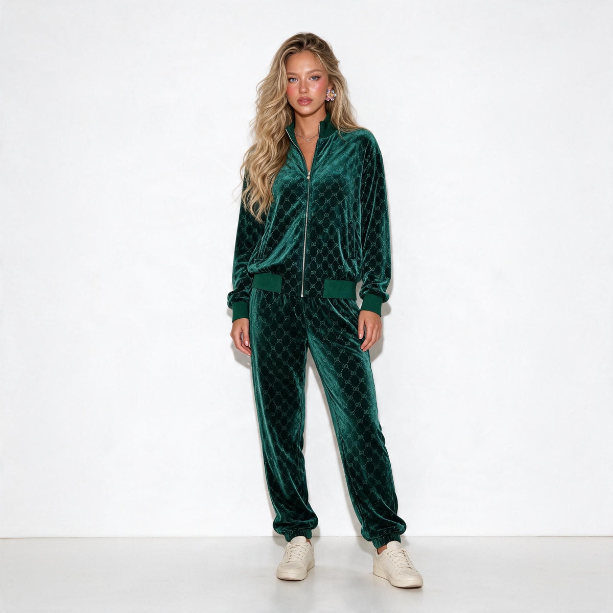 emerald green velour Gucci-style track jacket and matching pants with GG pattern