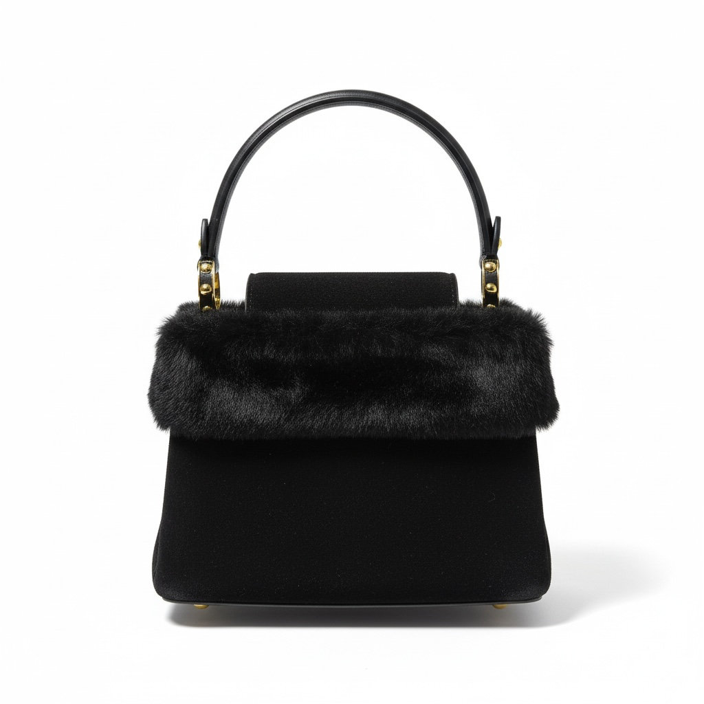 Black Top Handle Bag with Fur Trim and Gold LV Logo 🖤✨