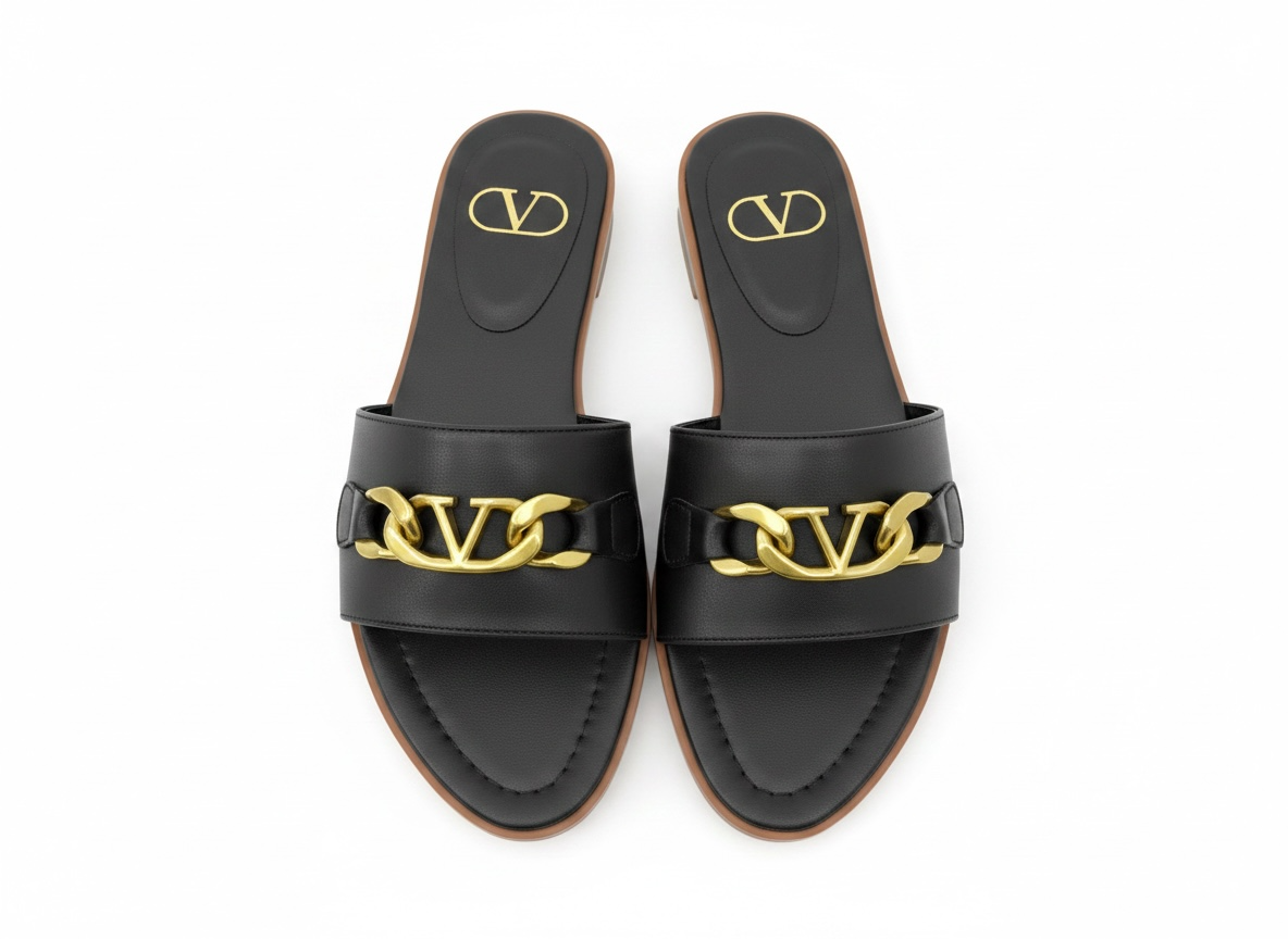 Valentino VLogo Black Slide Sandals 🖤✨ Gold Chain Edition