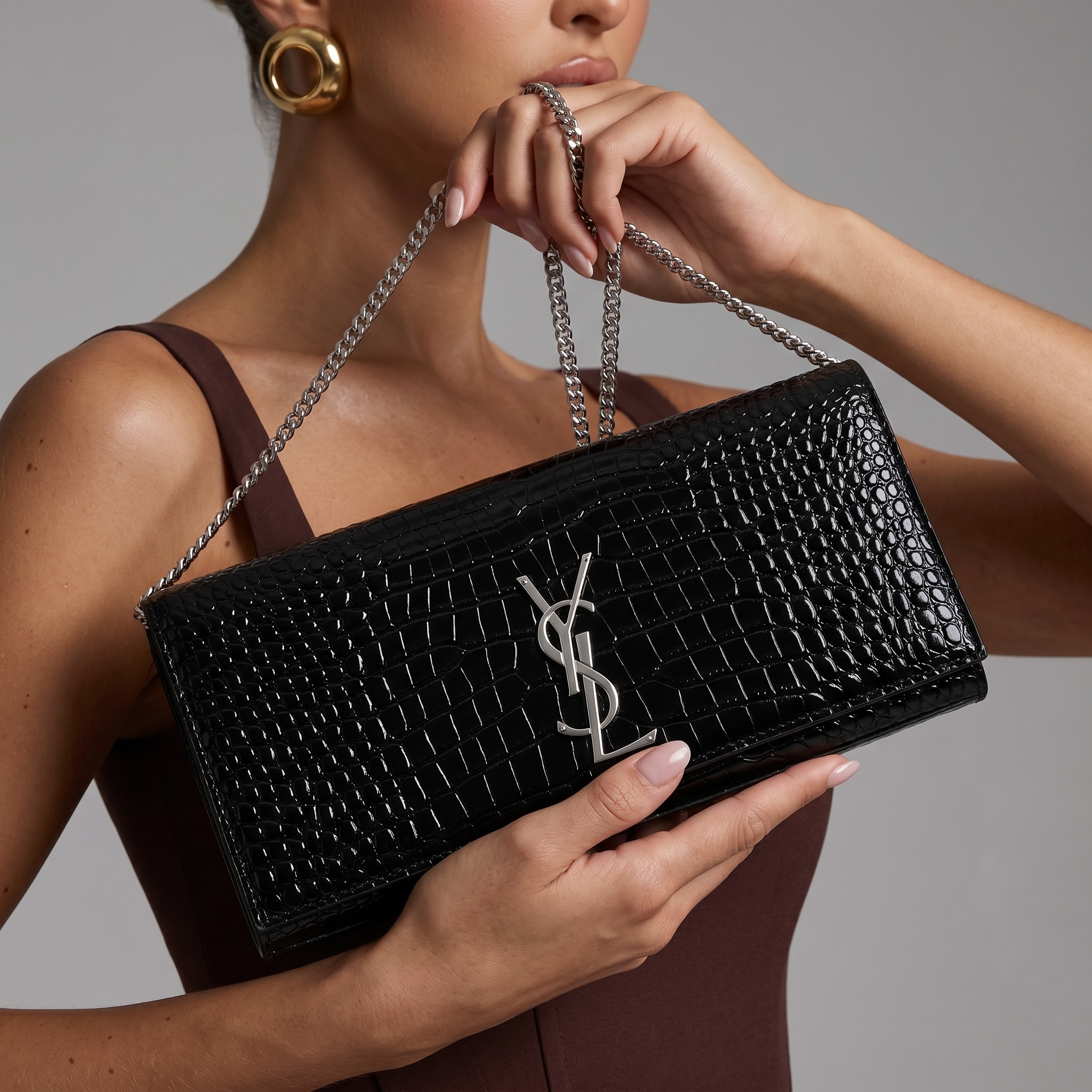Saint Laurent Black Croc-Embossed Silver YSL Clutch 🖤✨🩶👛🔥