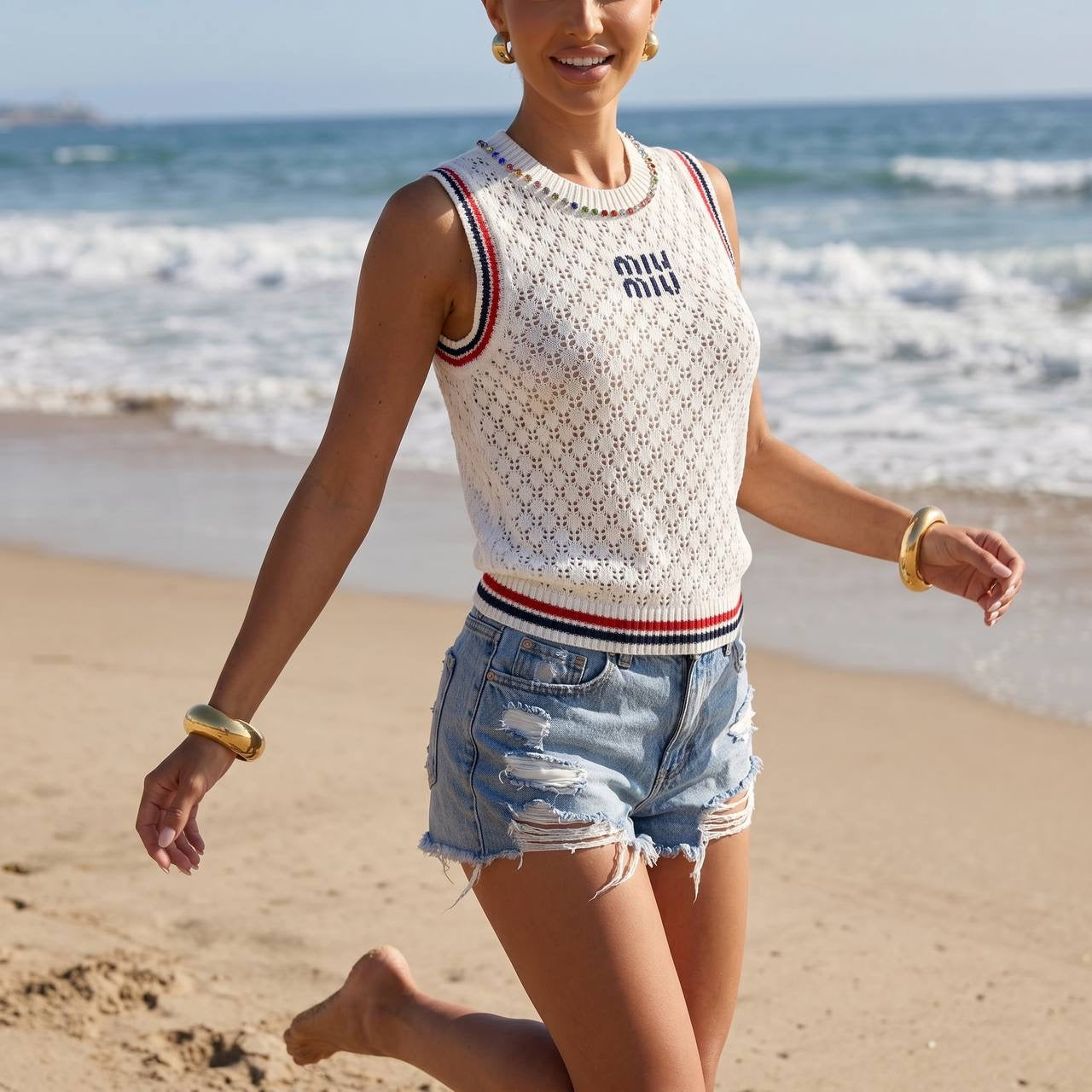 Miu Miu White Crochet Knit Sleeveless Top with Crystal Neckline ๐คโจ