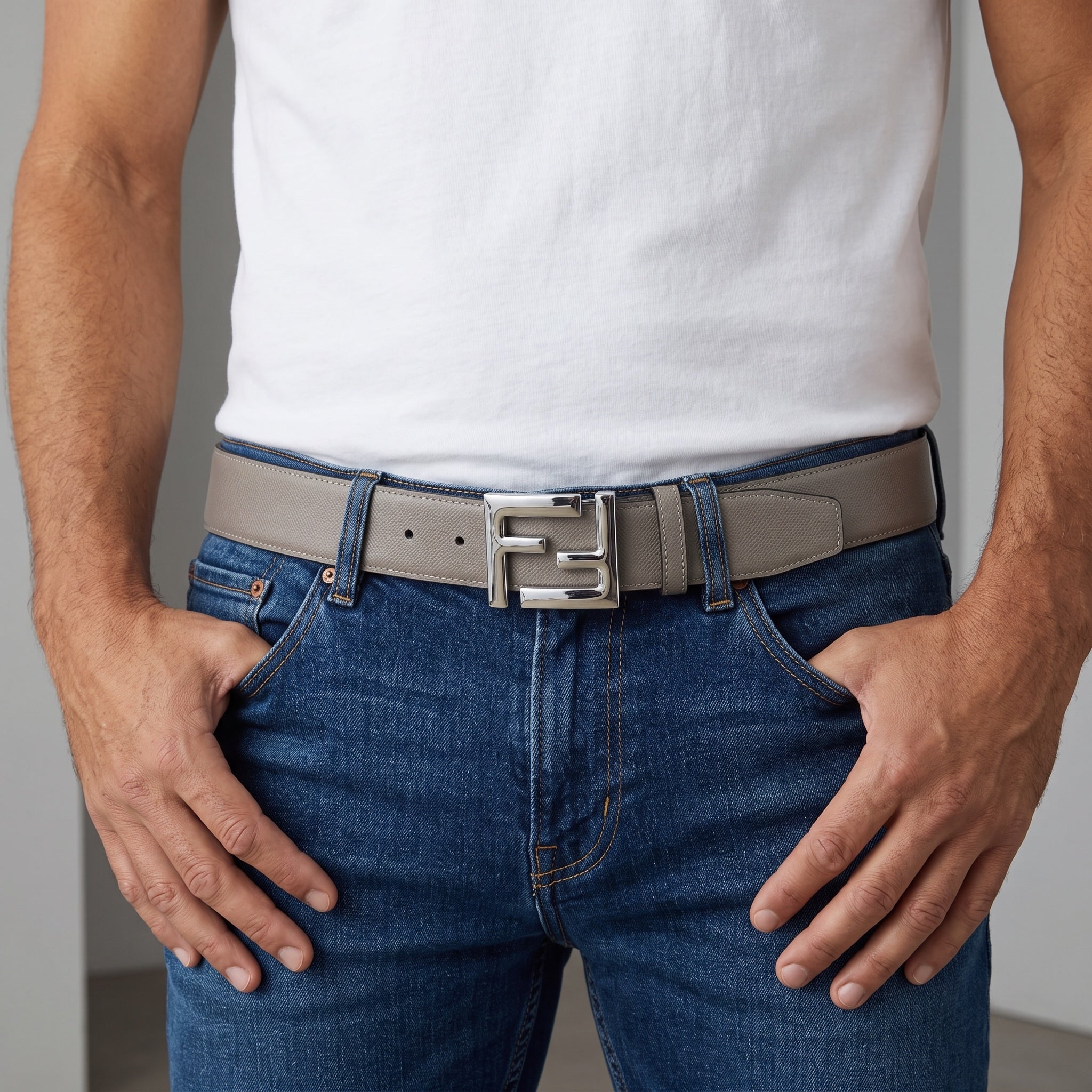 Grey belt with silver FF buckle worn with jeans and white t-shirt