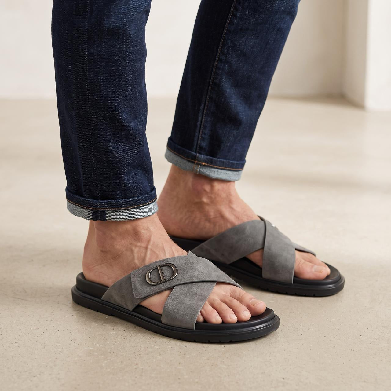Dior grey cross-strap men's slides with CD logo on strap and black sole