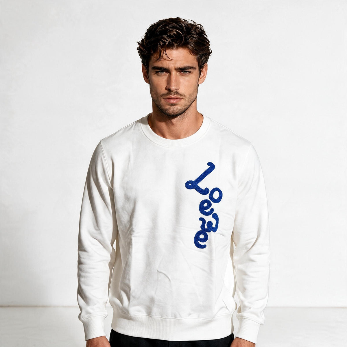 White Loewe crewneck sweatshirt with vertical blue raised logo on front