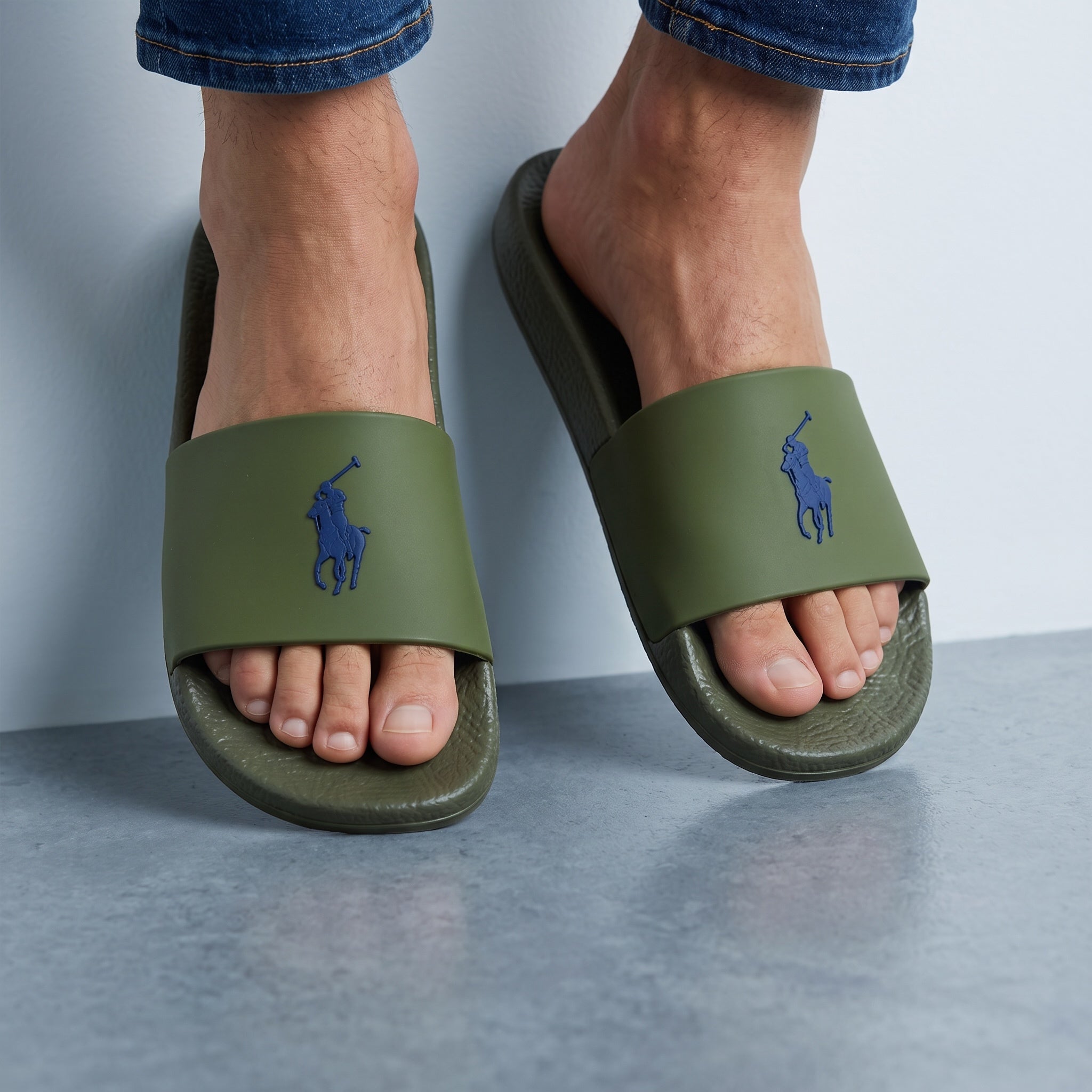 Olive green Polo Ralph Lauren slides with blue pony logo