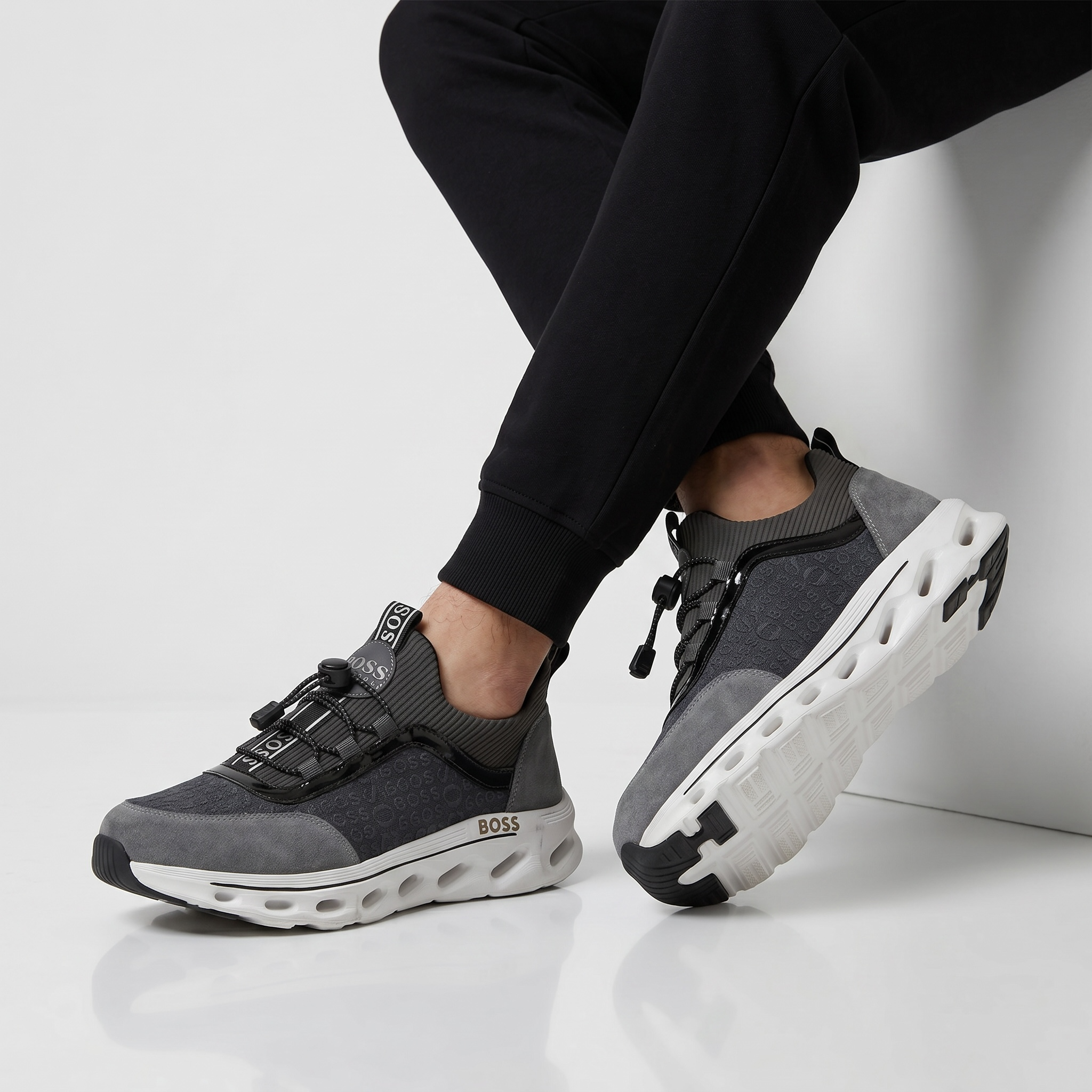 🩶🖤 Hugo Boss Grey & Black Luxury Runner Sneakers 👟⚡