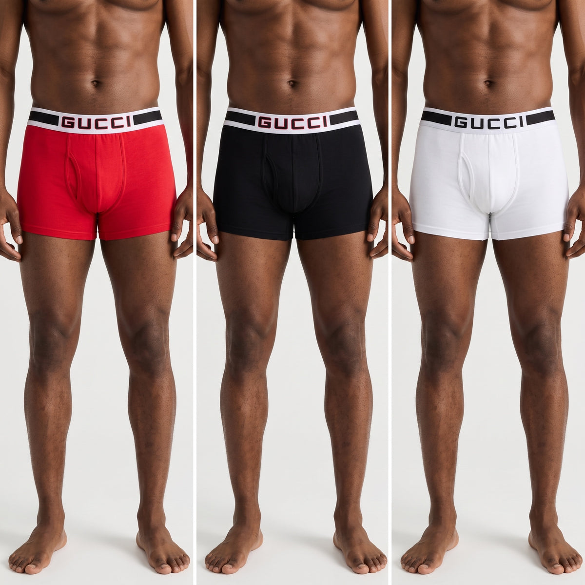Three Gucci boxer briefs in red, black and white with logo waistband on model.