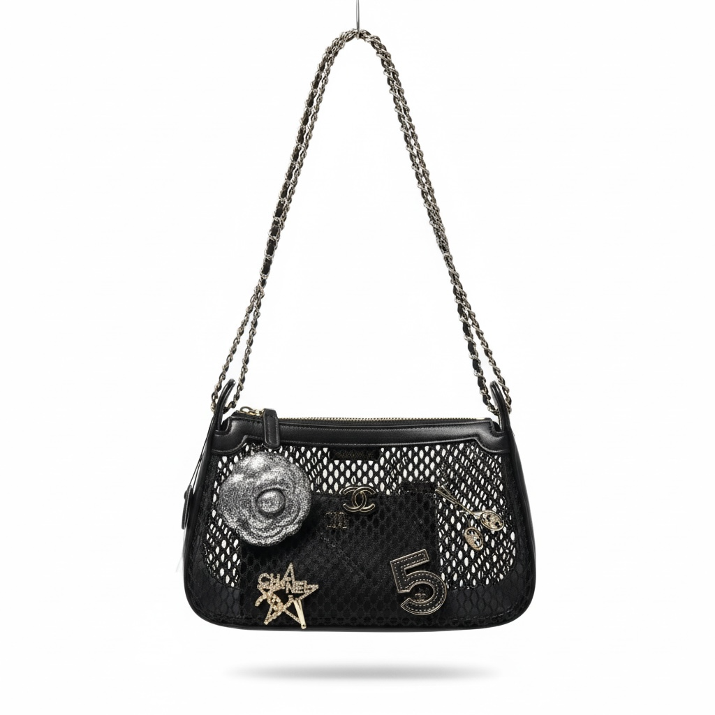CHANEL Mesh Charm Shoulder Bag – Black Edition 🖤✨
