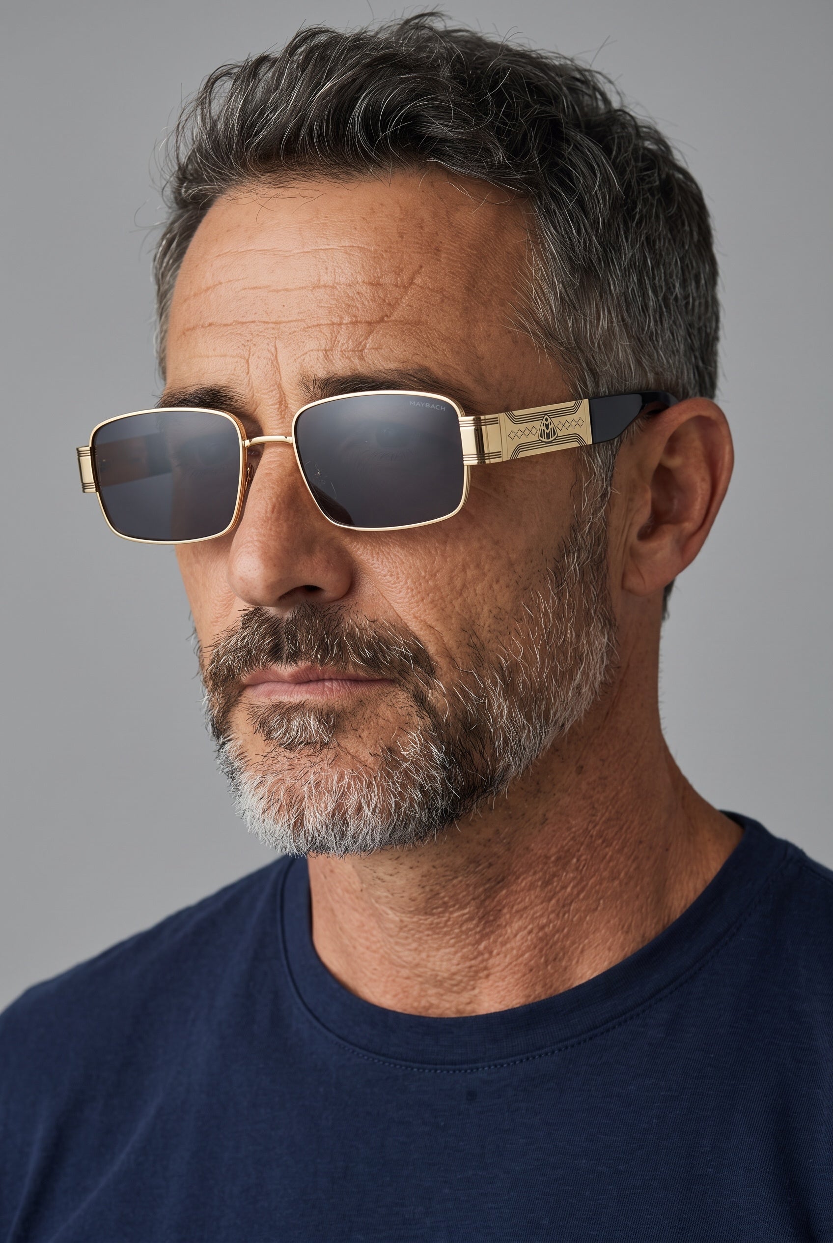 Maybach square gold metal sunglasses with dark lenses and engraved temples