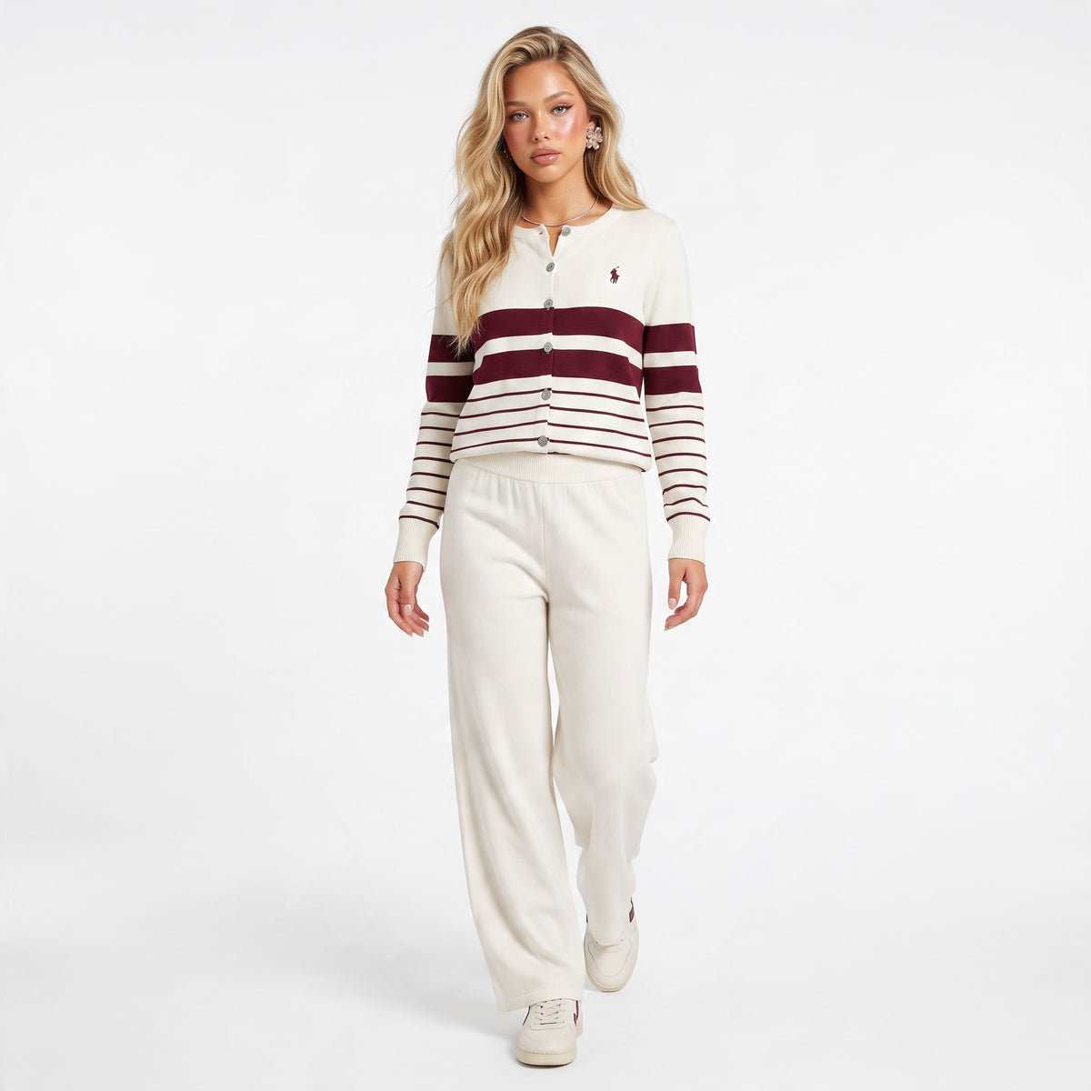 Ralph Lauren cream cardigan with burgundy stripes and embroidered pony logo