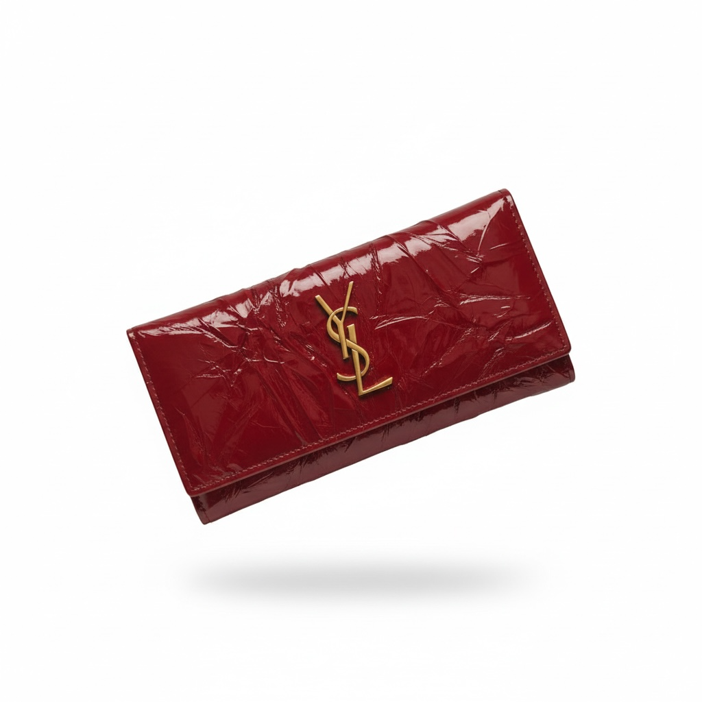 Saint Laurent YSL burgundyCrinkled Leather Long Wallet ❤️✨