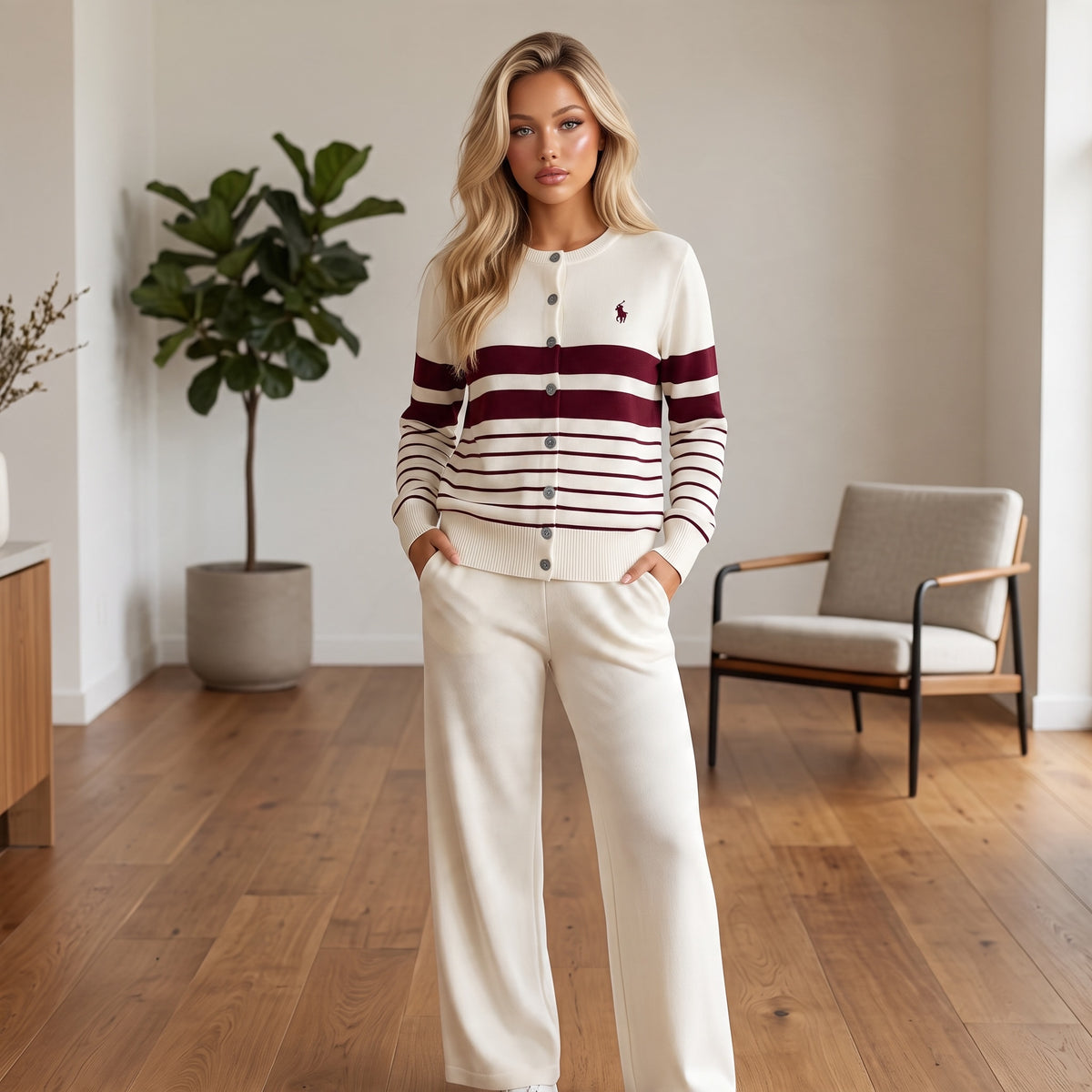 Ralph Lauren cream cardigan with burgundy stripes and embroidered pony logo