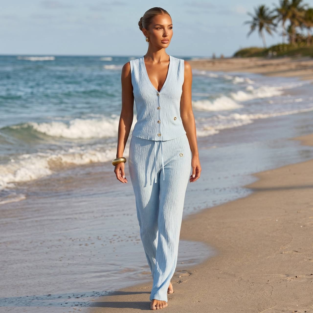 Loro Piana Textured Knit Co-Ord Set – Sky Blue 💙✨