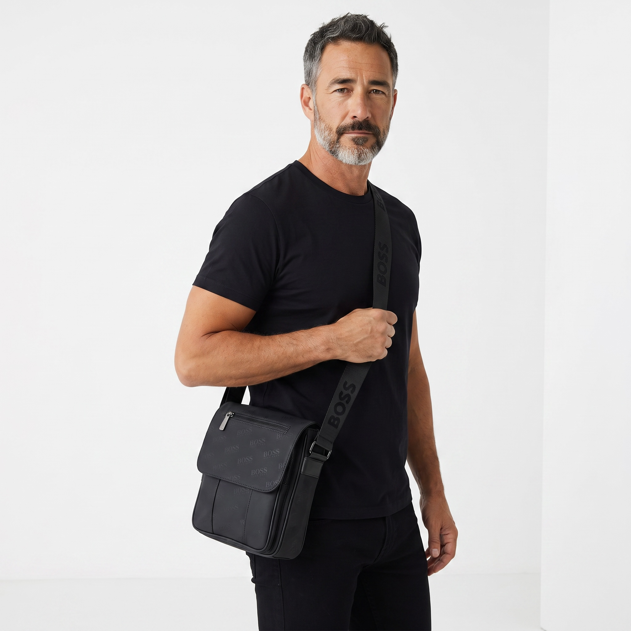 🖤 Hugo Boss Monogram Crossbody Shoulder Bag – Black