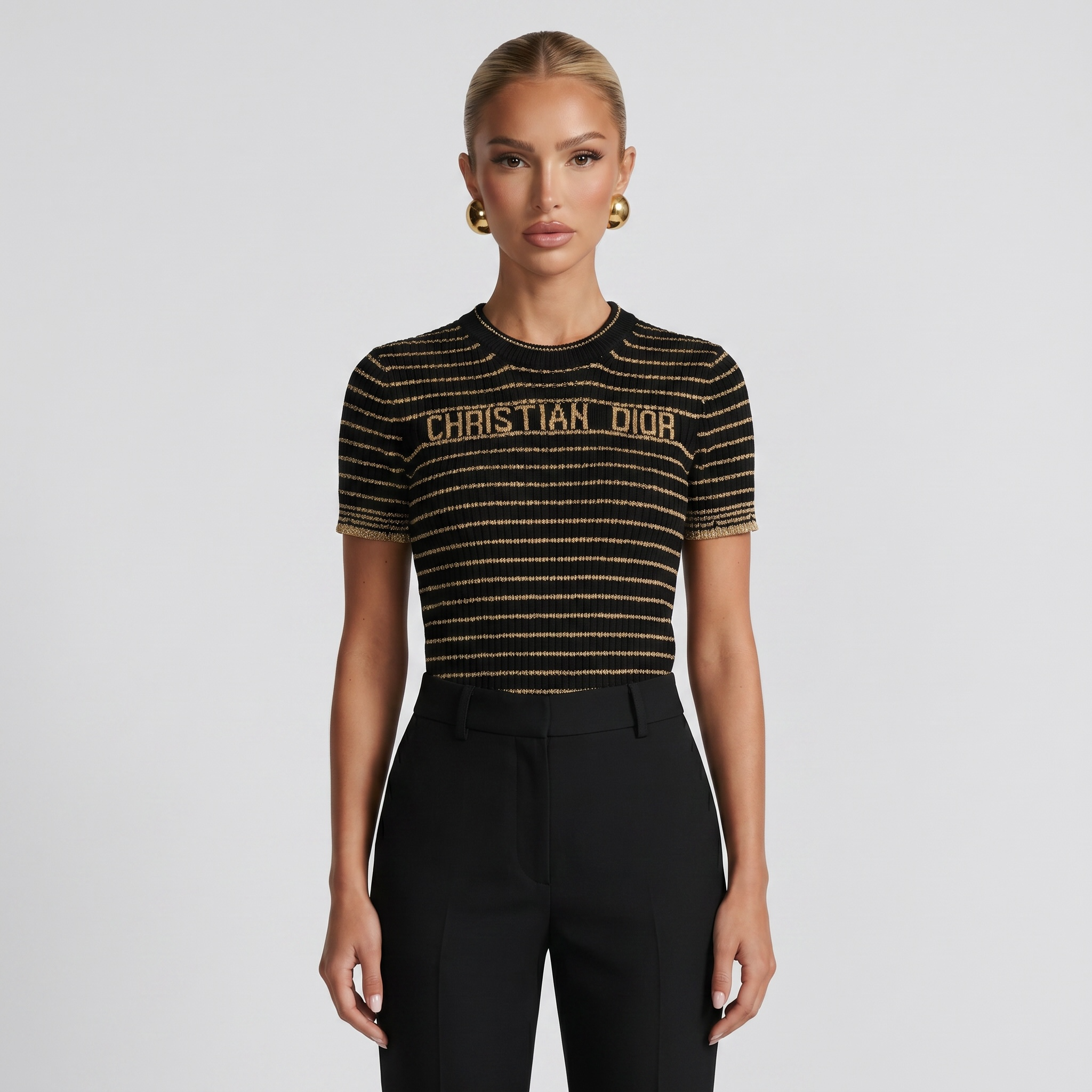 ✨ Christian Dior Metallic Stripe Knit Top – Black & Gold