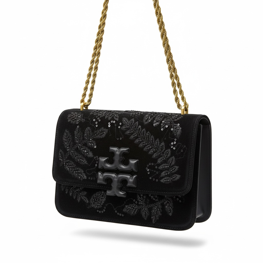 Tory Burch Velvet Chain Shoulder Bag – Black Embroidered Edition 🖤✨