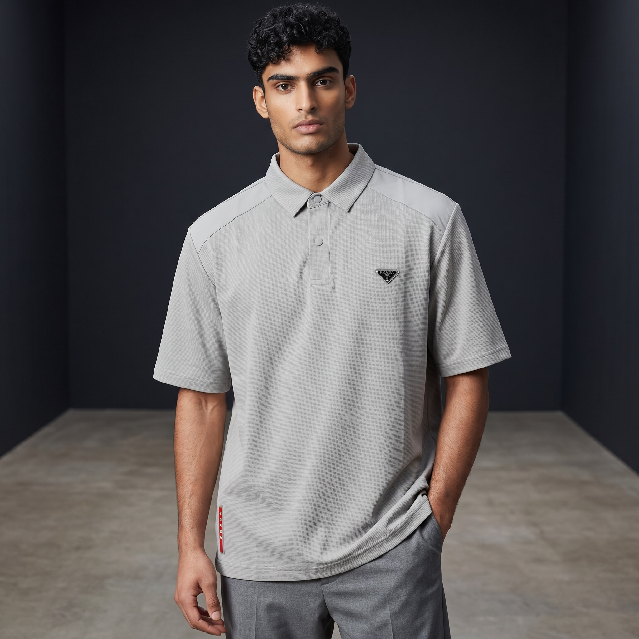Prada Textured Performance Polo – Light Grey Edition ✨