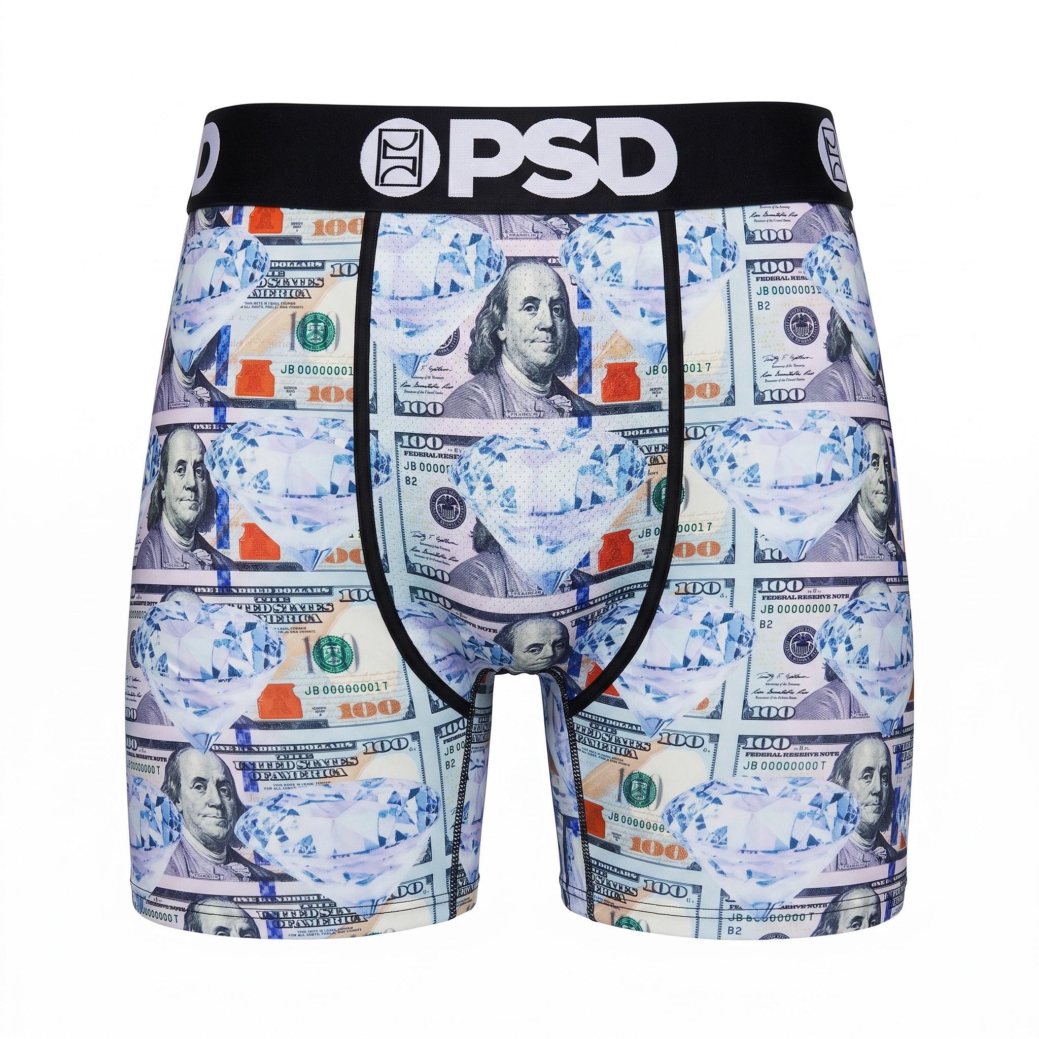 PSD boxer briefs with money and diamond print and black PSD waistband