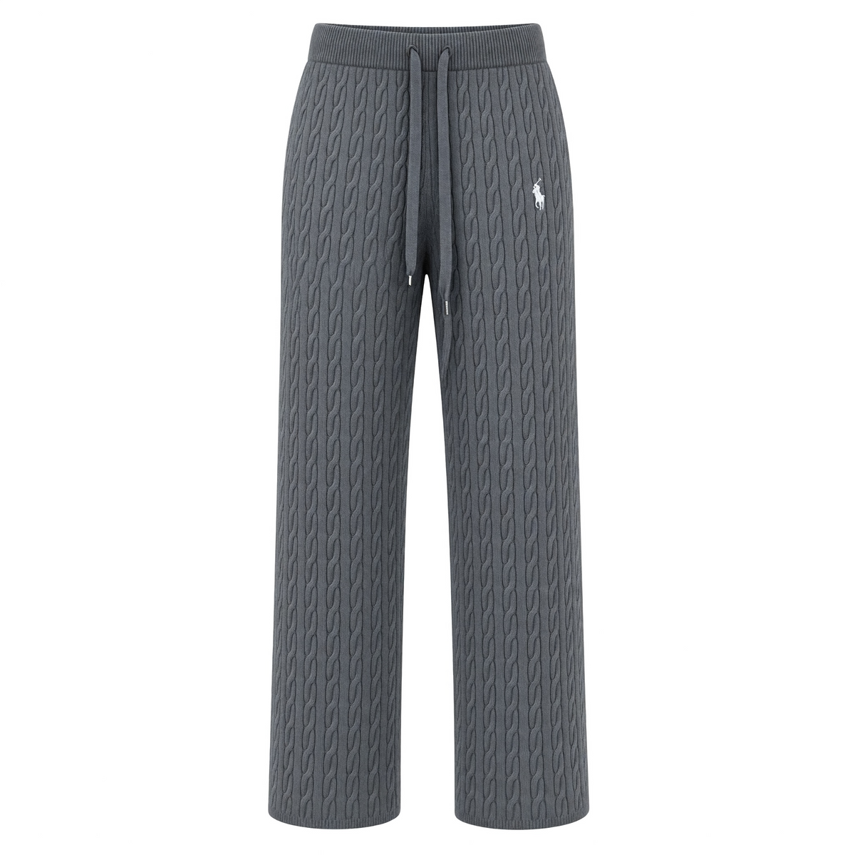 Charcoal cable knit sweater and matching drawstring pants set with Polo pony logo