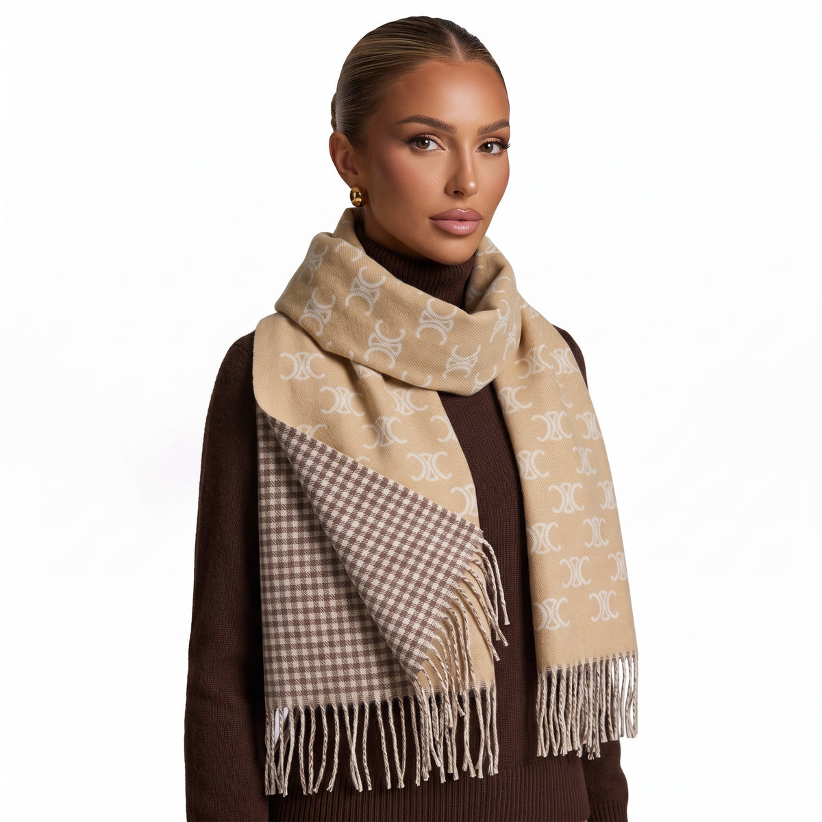 Beige Celine logo scarf with houndstooth panel and fringed ends wrapped around model