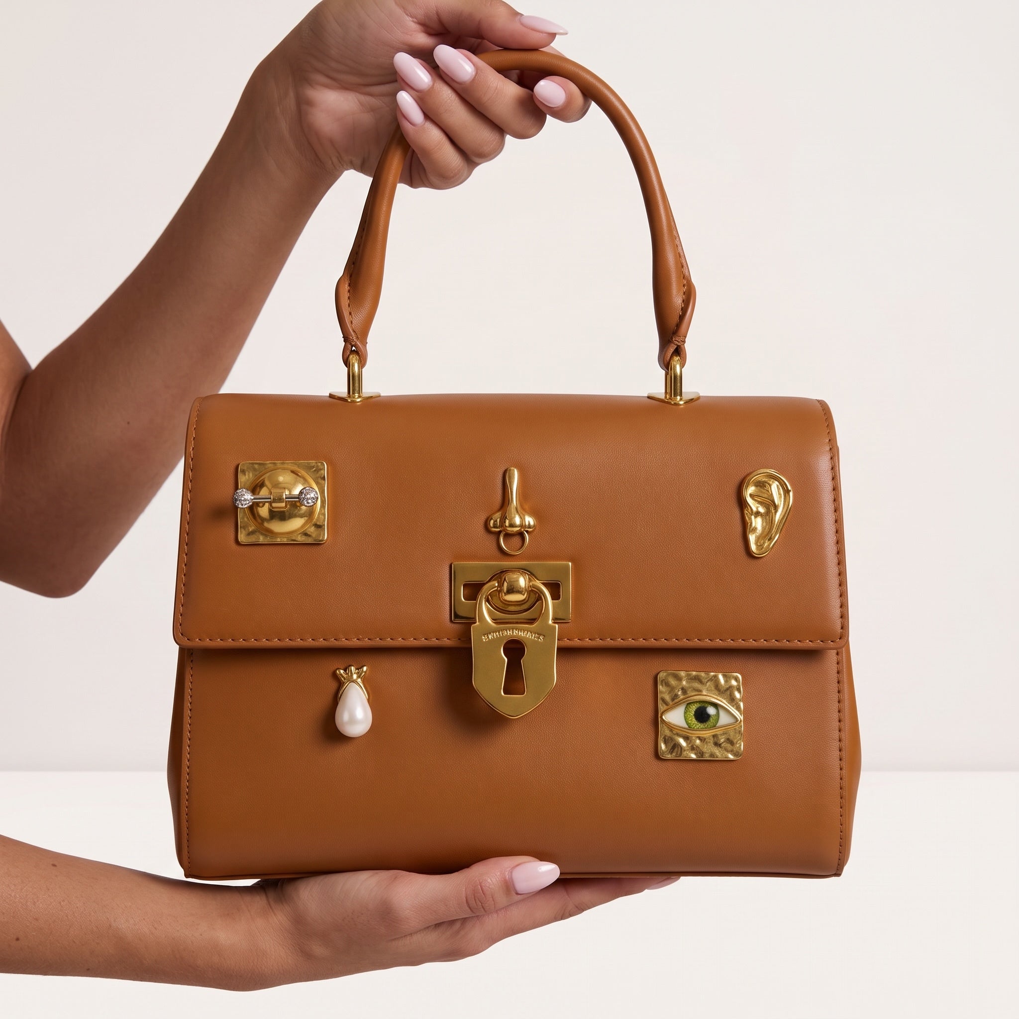 tan top-handle bag with gold decorative hardware held by model