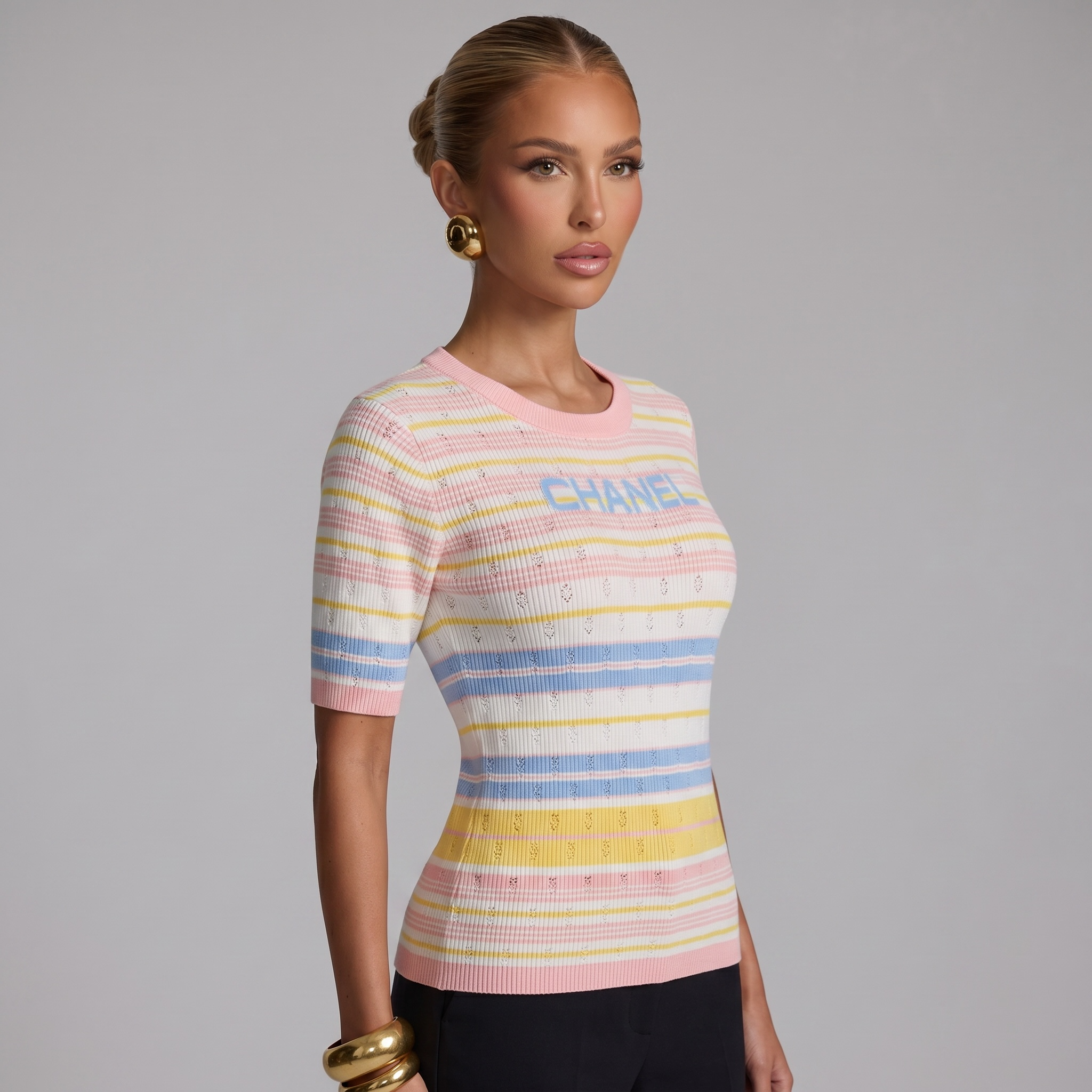 🌸 Chanel Pastel Stripe Ribbed Knit Top
