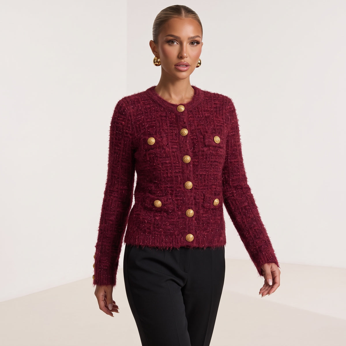 Balmain burgundy bouclé cardigan with gold buttons