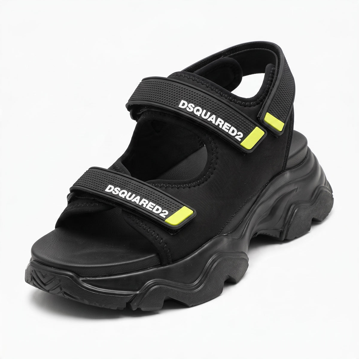 Black DSQUARED2 chunky sandals with Velcro straps and neon yellow accents
