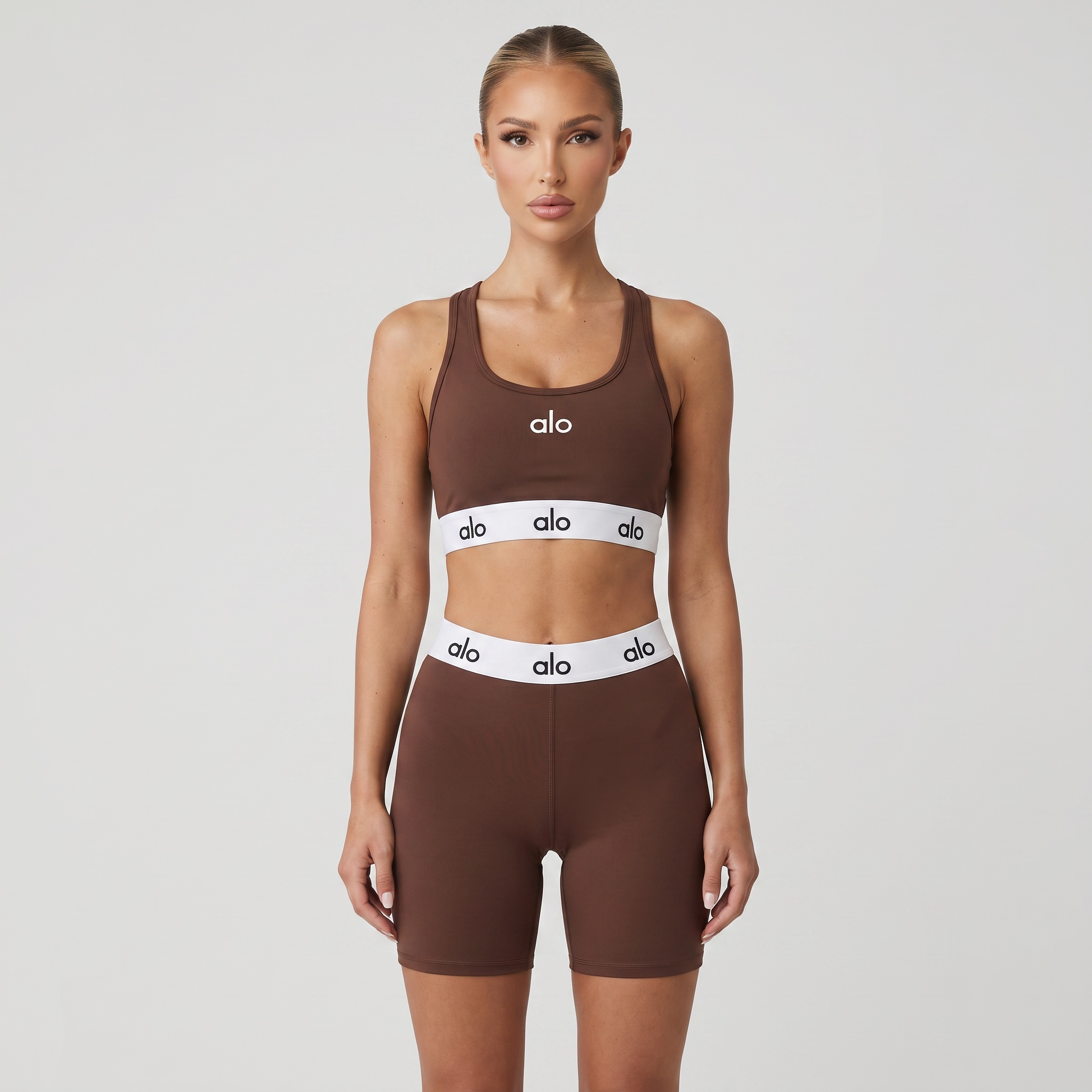 Alo Yoga Logo Sports Bra & Biker Shorts Set – Chocolate Brown ✨