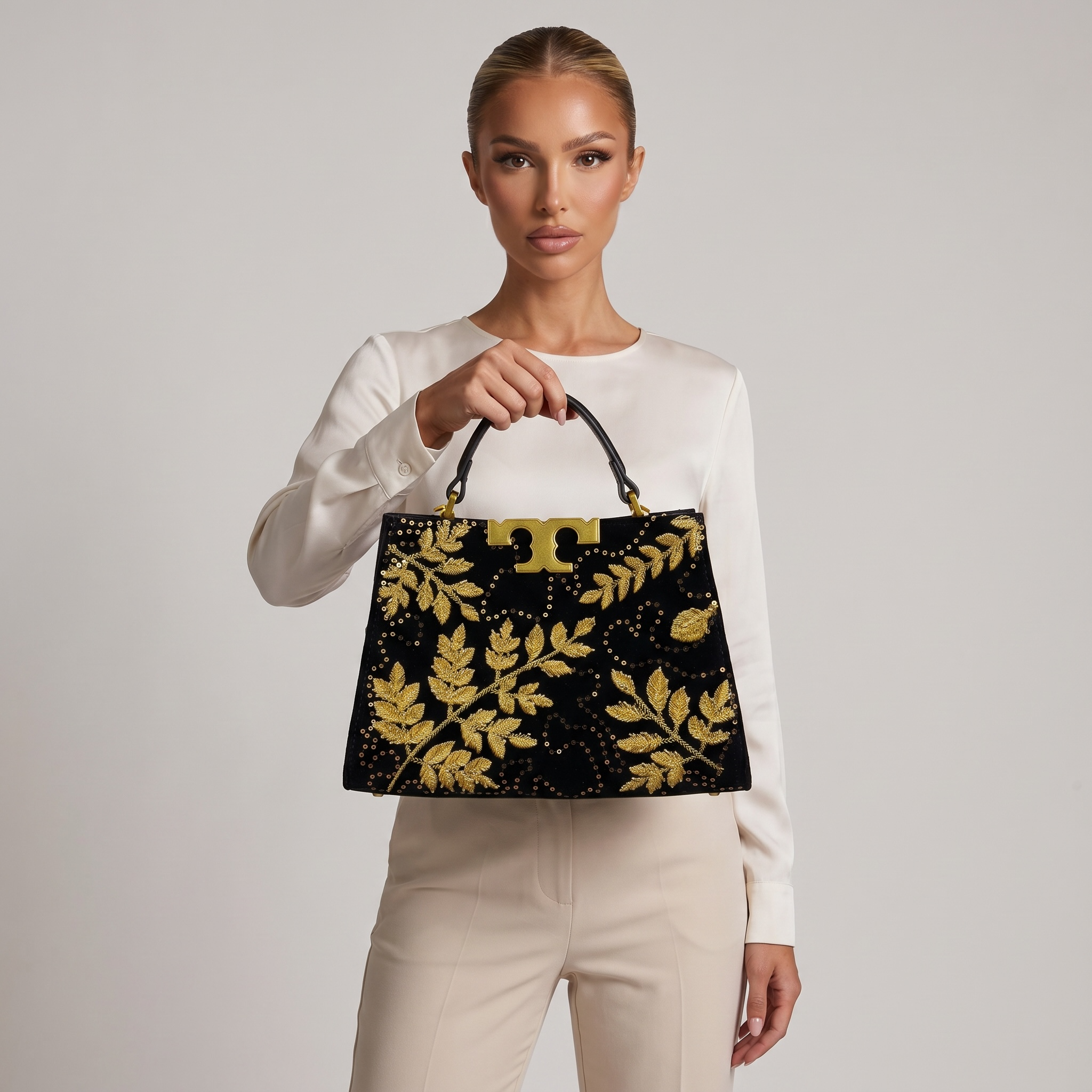 ✨ Tory Burch Eleanor Embroidered Top Handle Bag – Black & Gold Luxury Edition ✨