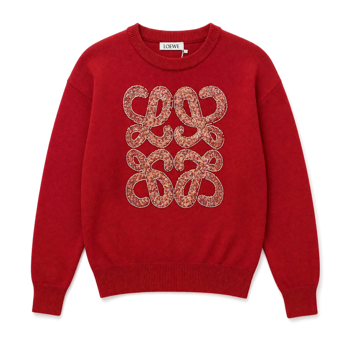 Red Loewe crewneck sweater with stacked sequin Anagram on front